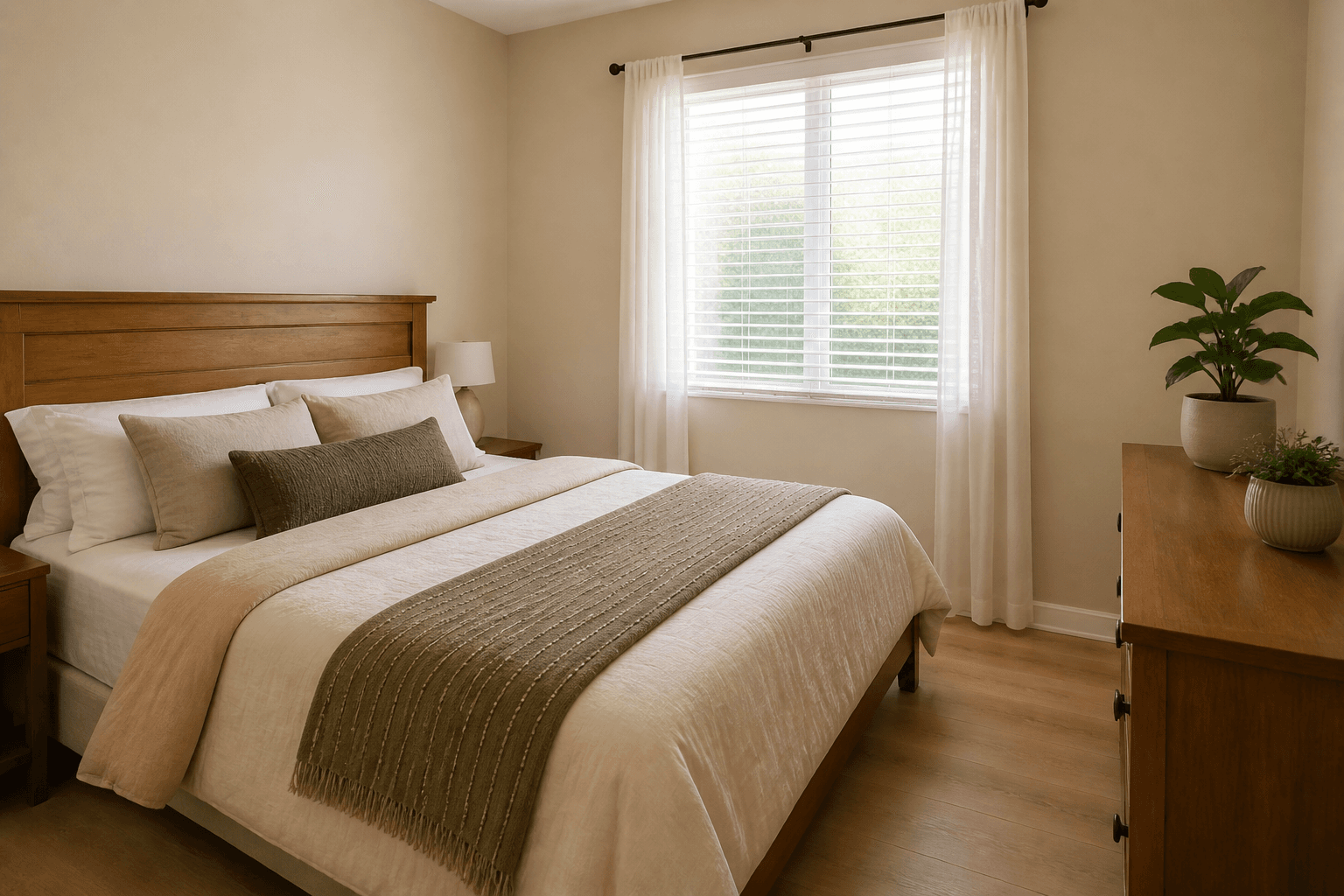 Rental bedroom with a leafy plant on a side wall, clear path to the door, Feng Shui plants for bedroom in daylight