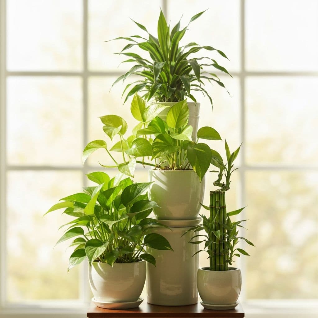 Collection of Feng Shui wealth plants including money tree, lucky bamboo, and jade plant in elegant pots