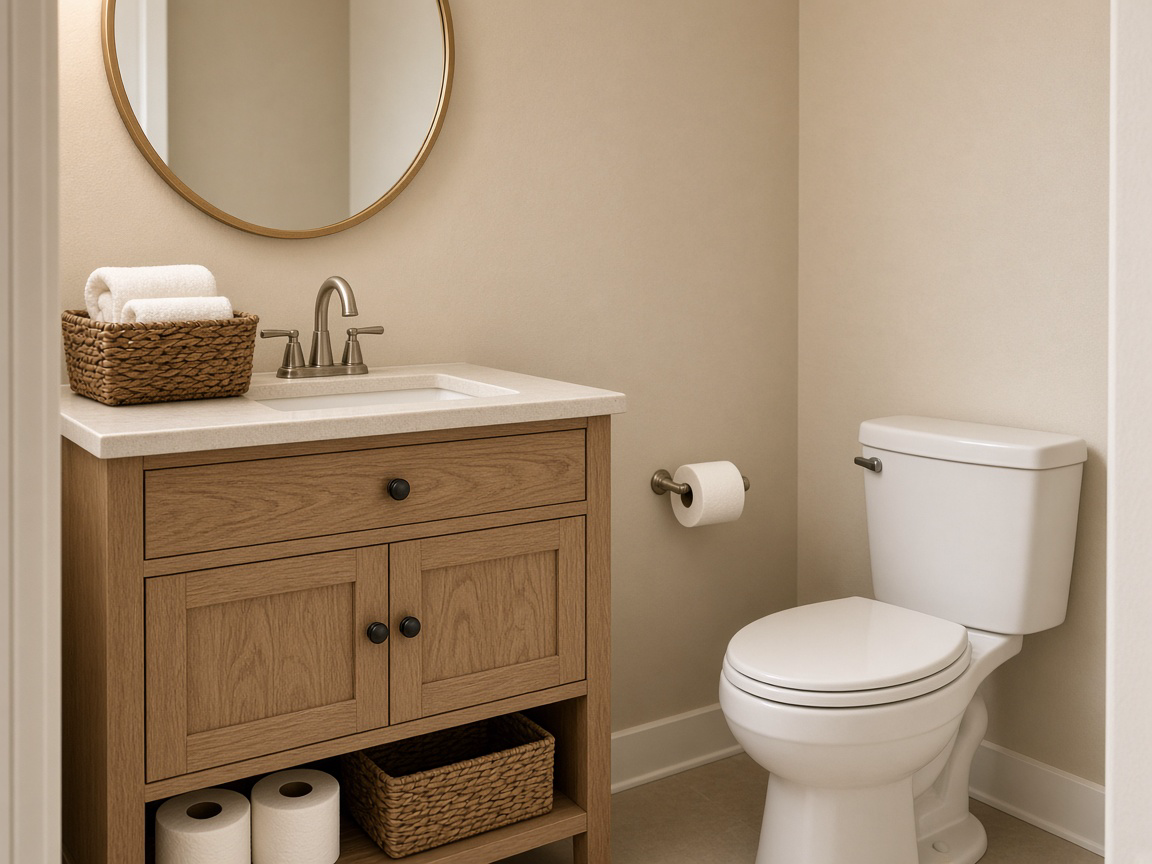 Small beige powder room with a basket of guest towels on the vanity and a closed toilet lid