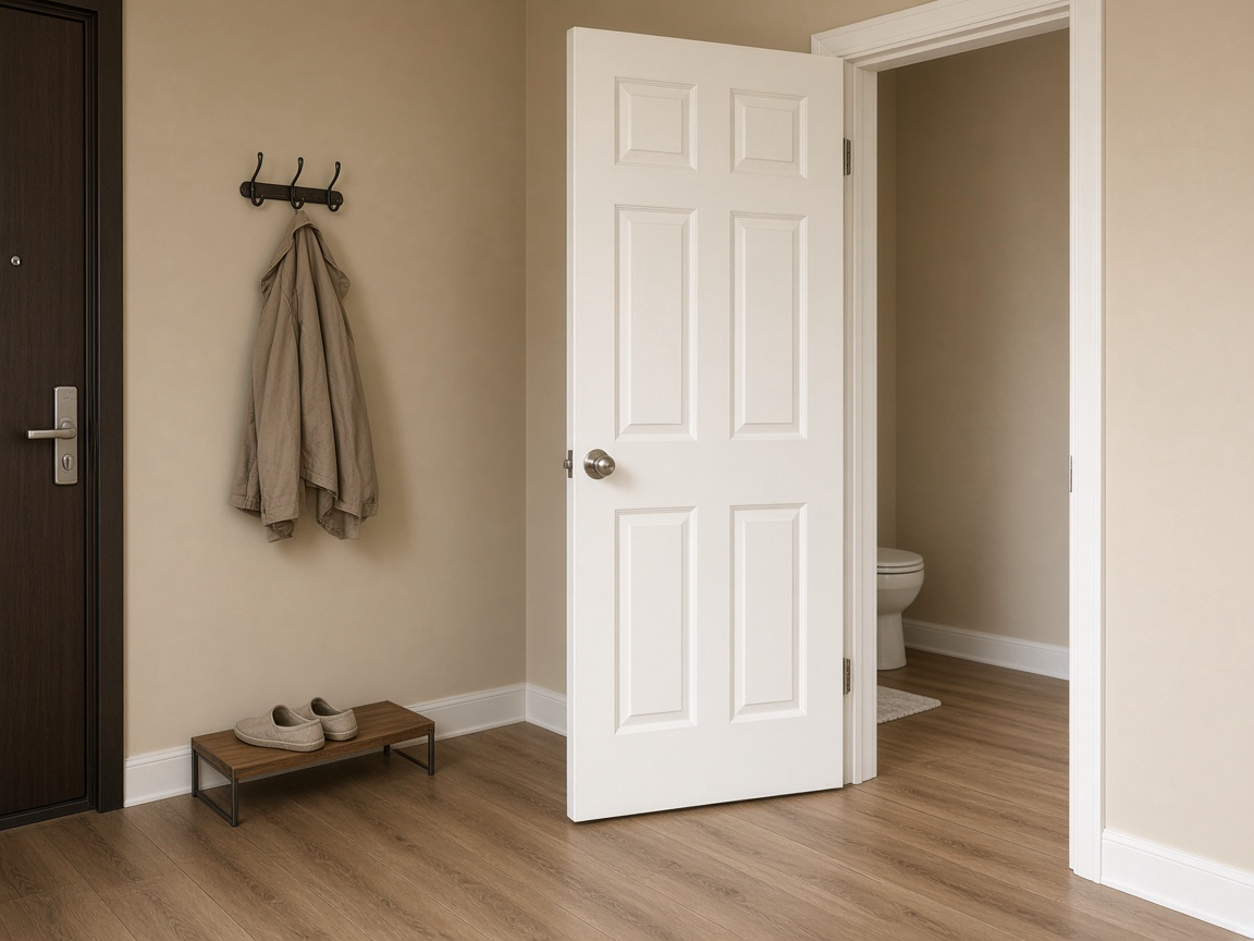 White powder-room door swung across a beige foyer walk, with a coat on hooks and shoes on a tray