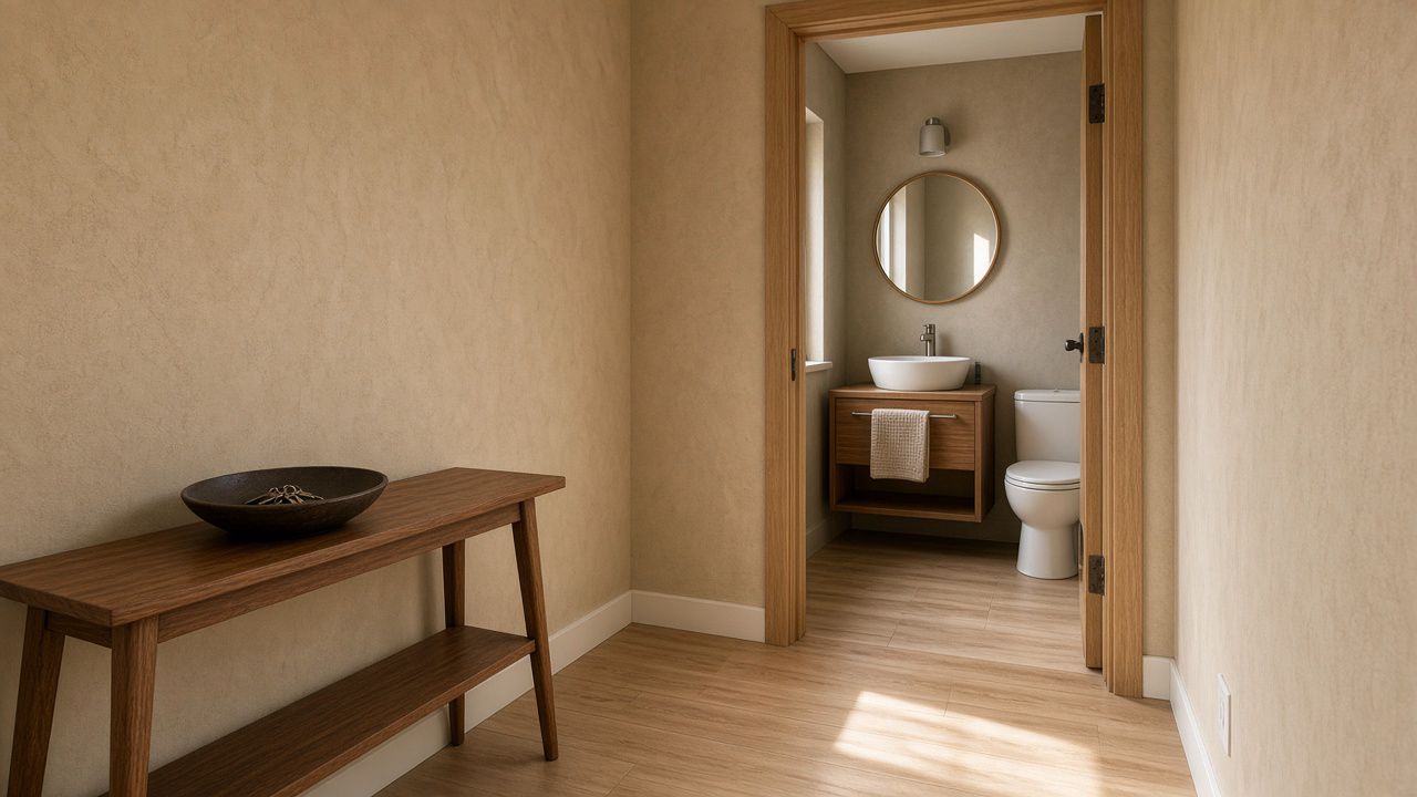 Beige rental foyer looking into a guest half-bath with closed toilet lid and wood vanity, feng shui powder room