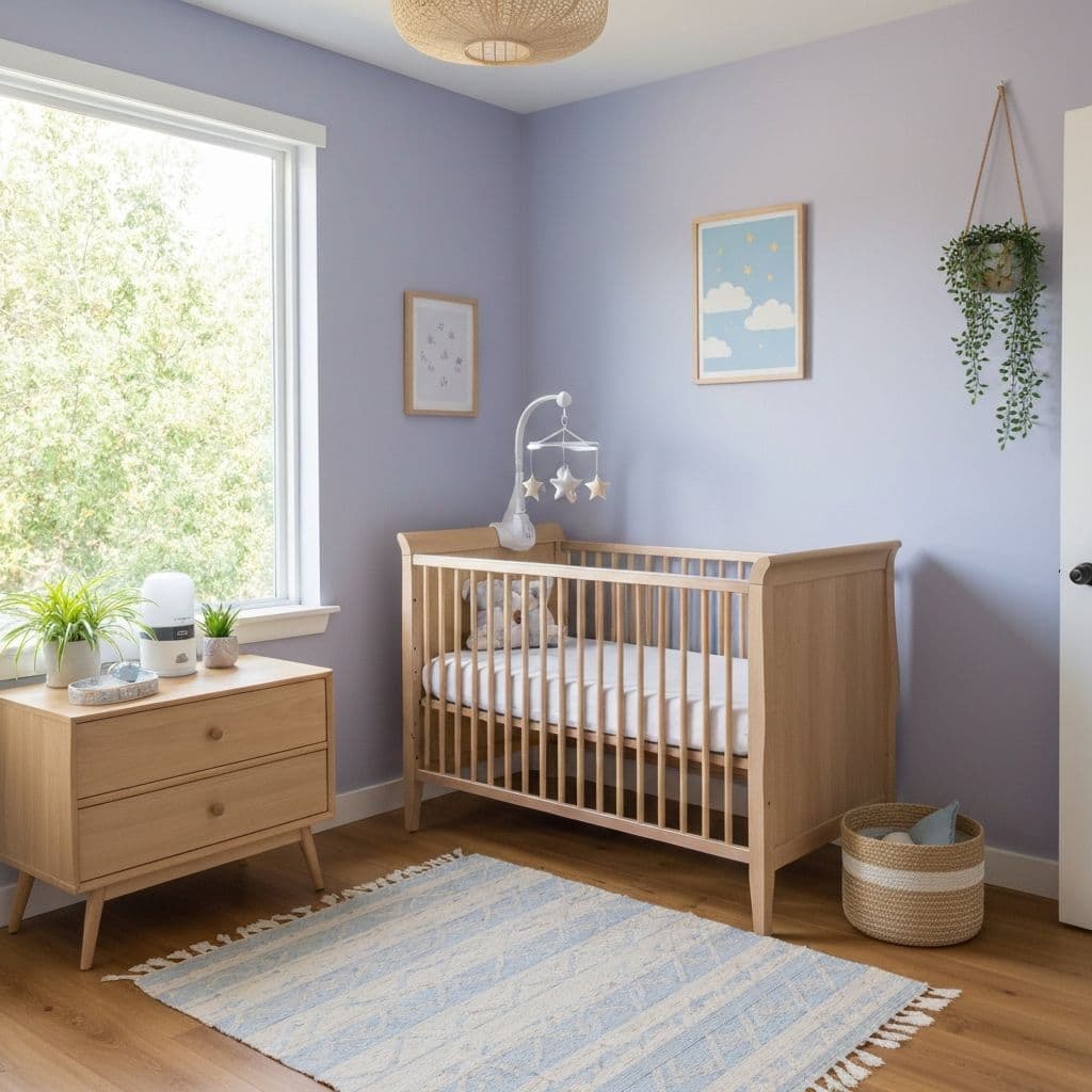 Quiet nursery crib against a solid wall, no hanging mobile over the mattress