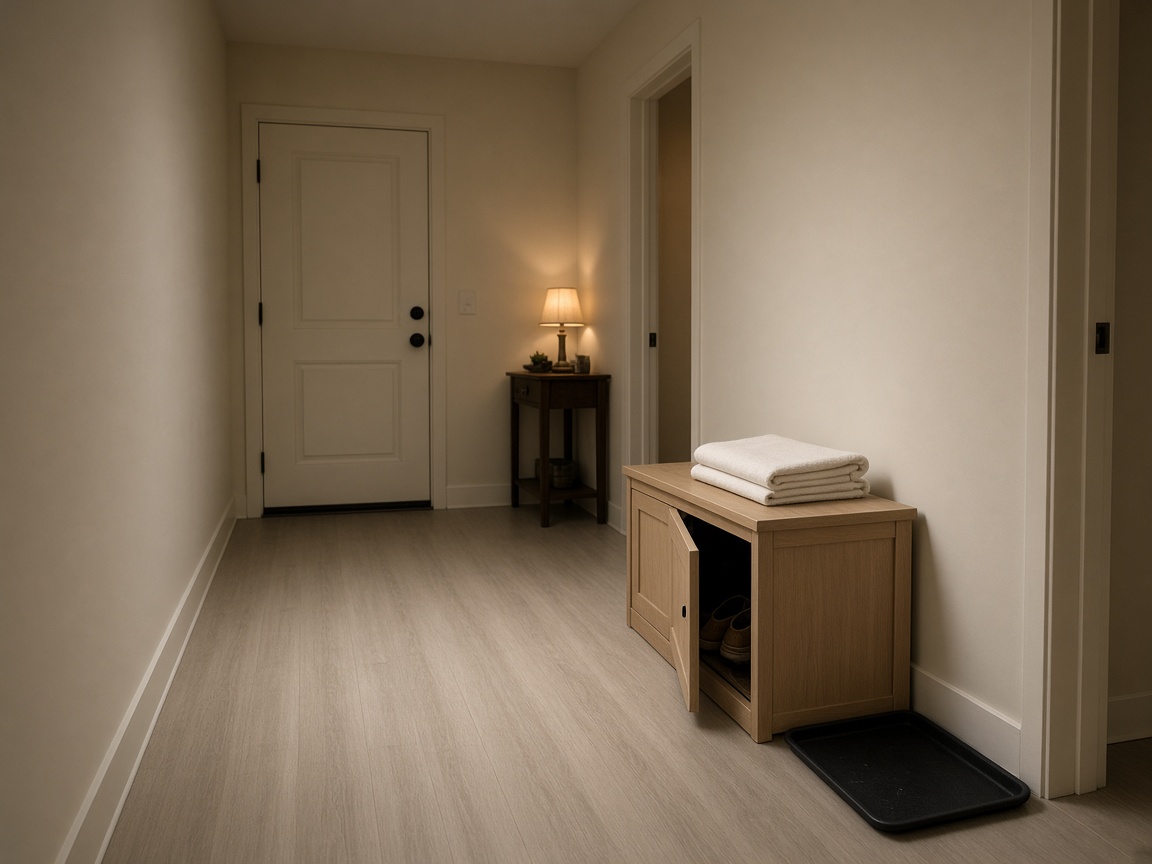 Evening rental hall, empty black tray, oak bench with folded towels and dry shoes in an open cabinet, lamp on a console