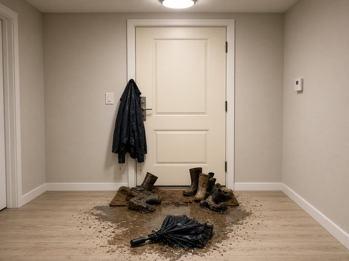 Wet boots piled on a muddy mat, dripping coat on the handle, open umbrella in a puddle at a cream door