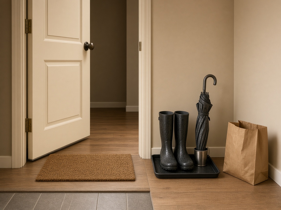 Cream door open fully, rubber tray on the side with two wet boots and an umbrella in a cup, grocery bag in the clear walk