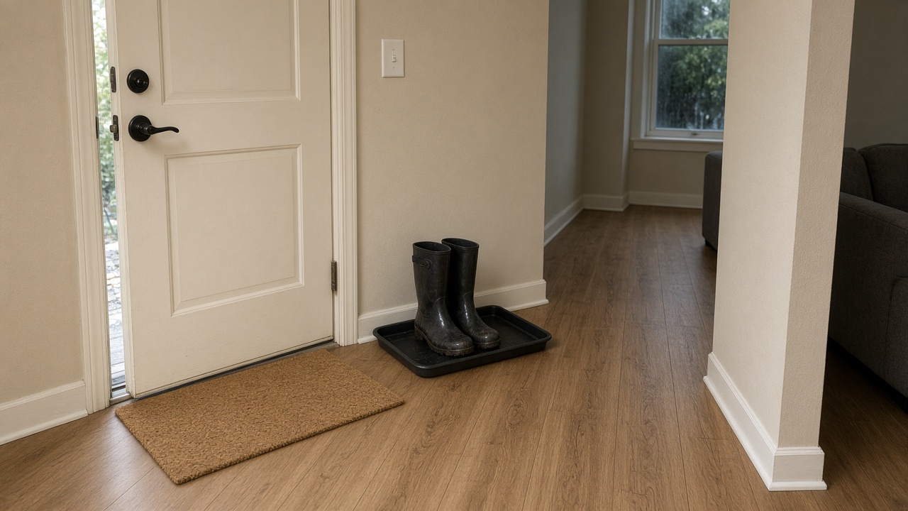 Cream rental door, coir mat, black tray with two wet boots on oak-look floor, feng shui rainy season entry