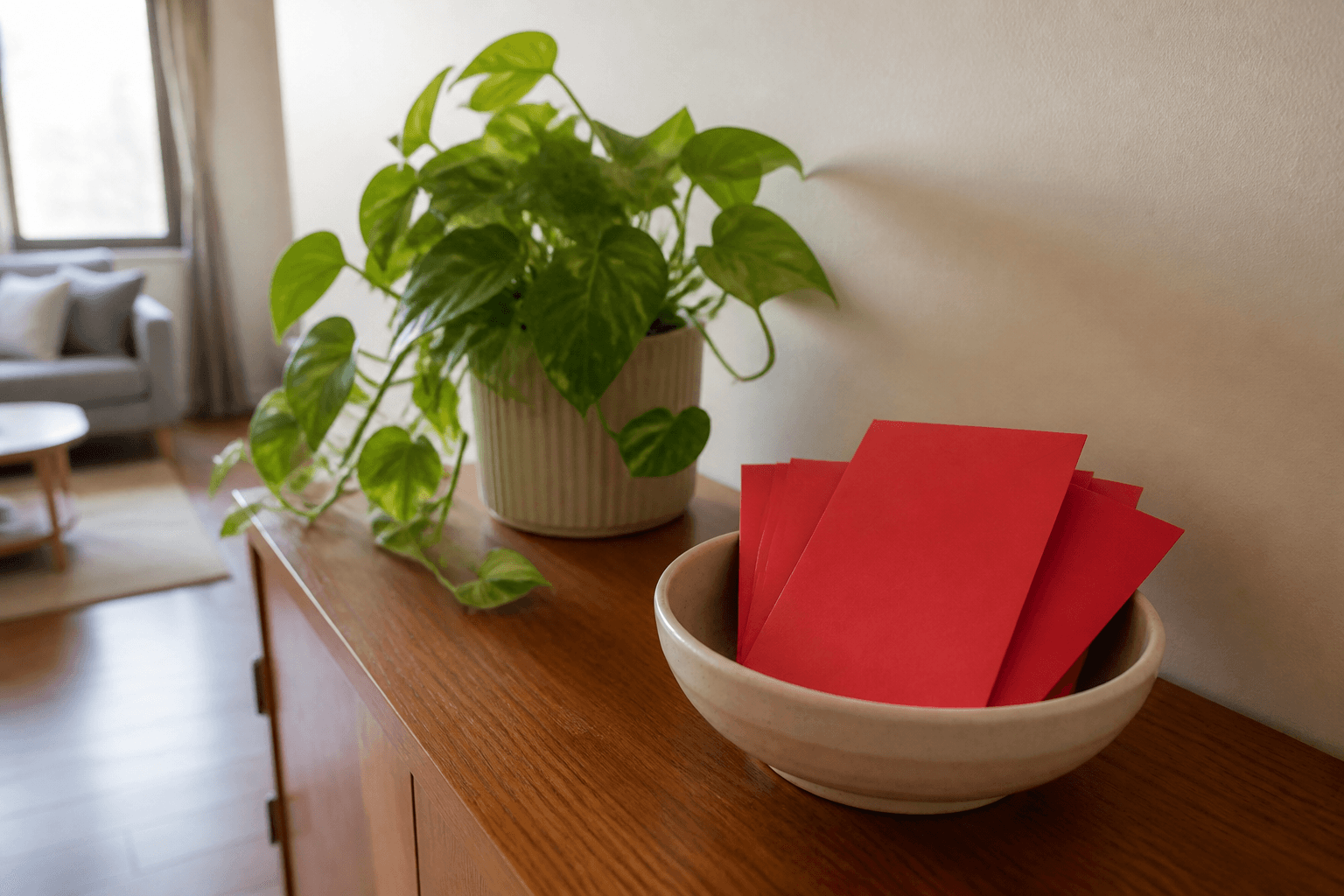 Ceramic bowl of plain red paper envelopes on a wood cabinet beside a pothos, Feng Shui red envelope