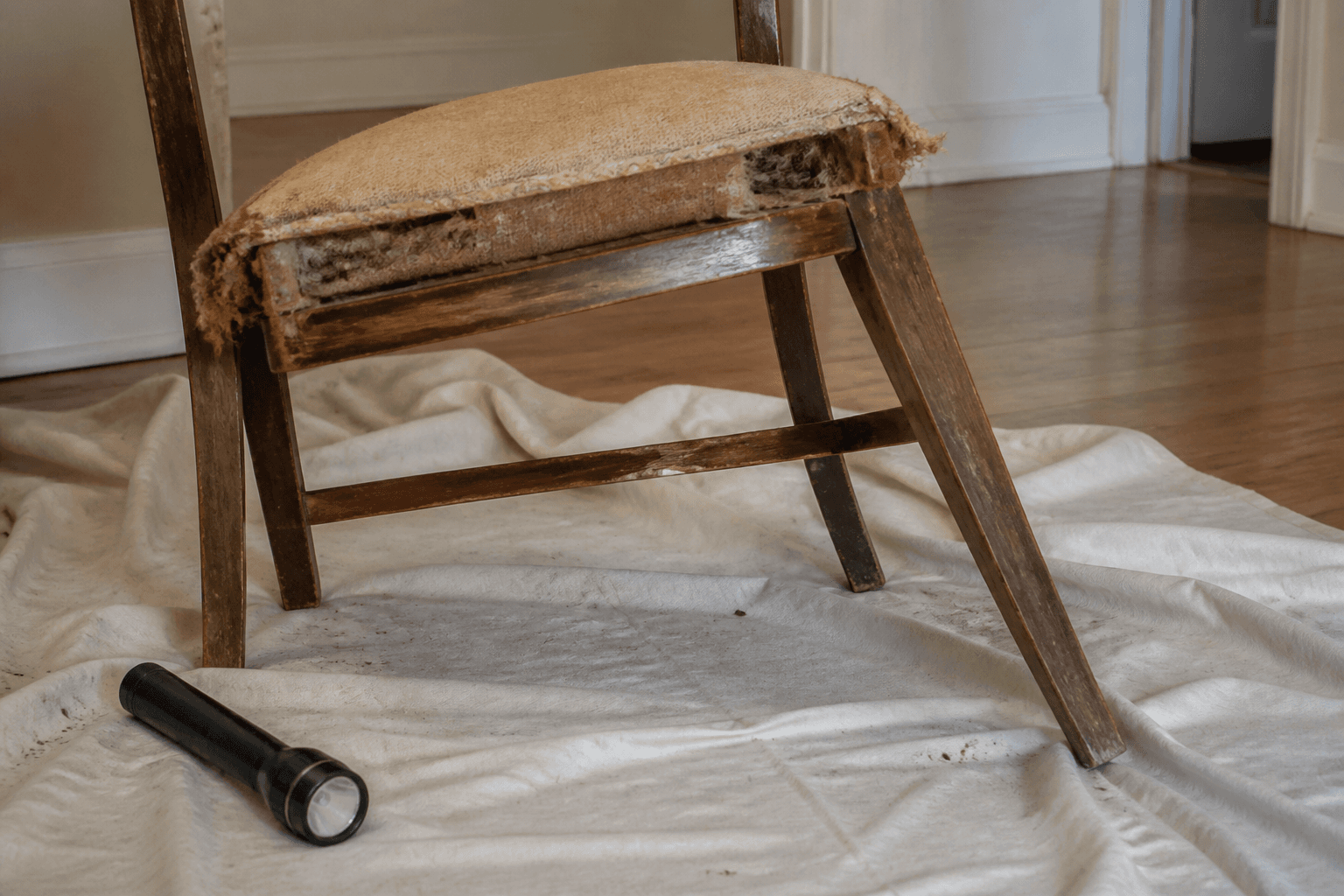 Wracked chair on a drop cloth with one corner lifted to show a twisted frame