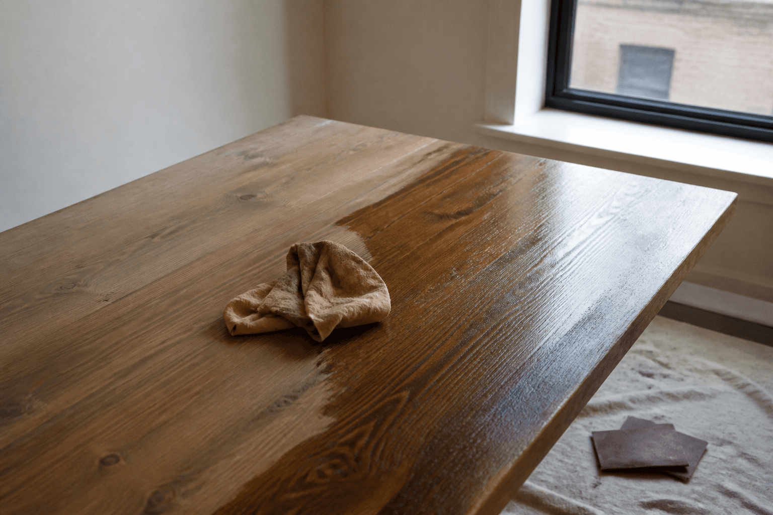 Wood tabletop being oiled with a cloth on a drop cloth by a window