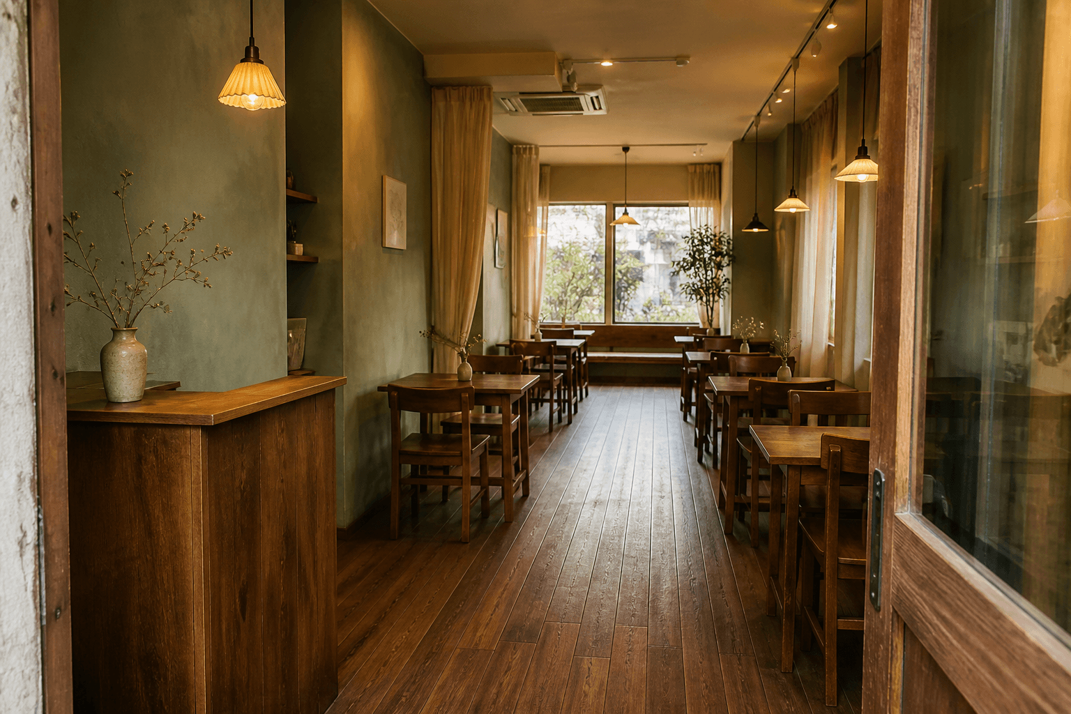 Small cafe seen from the street door, host stand to the left, tables with a clear aisle, Feng Shui restaurant layout in daylight