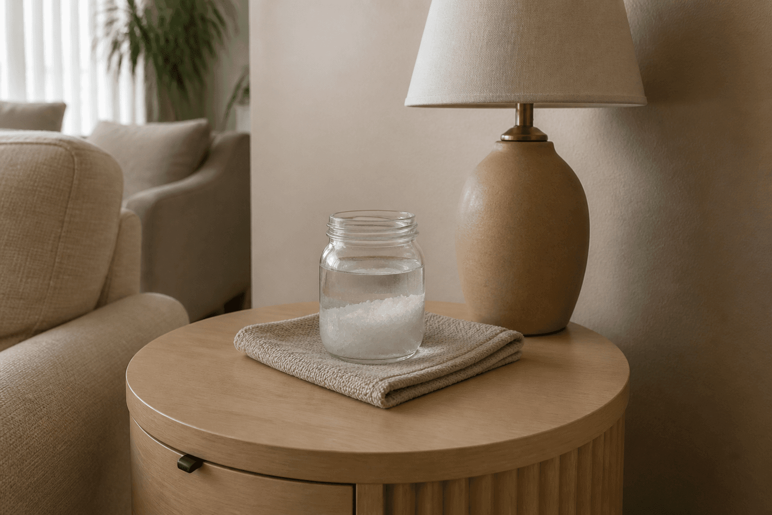 Glass jar of coarse salt and water on a beige towel on a round wood side table beside a ceramic lamp, feng shui salt water cure