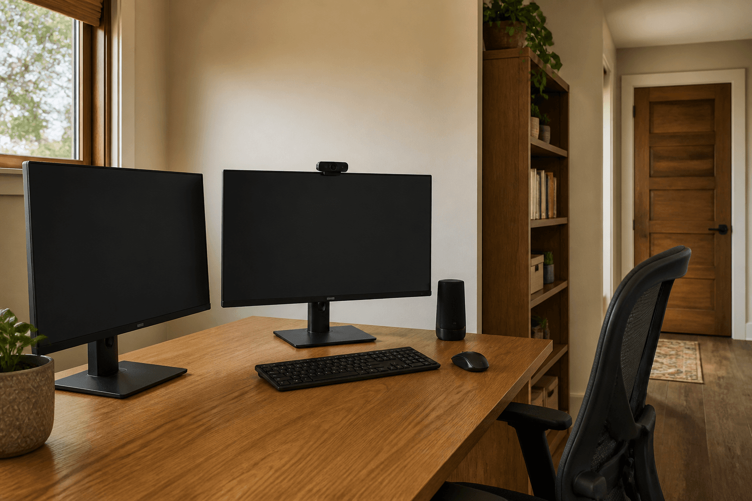 Oak desk with a centered primary monitor and an angled second screen, side window light, feng shui second monitor