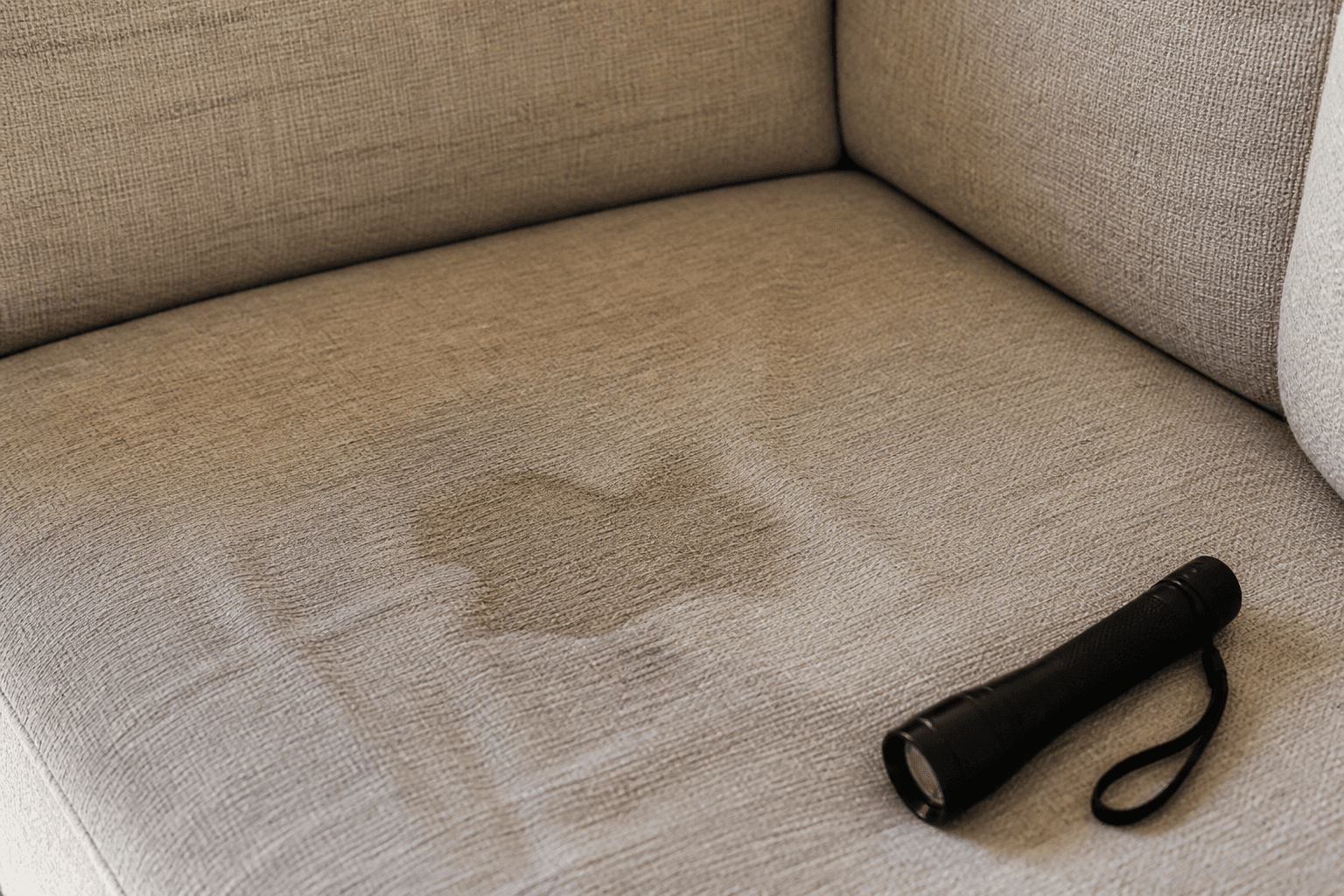 Close look at used sofa fabric with a stain and a flashlight nearby