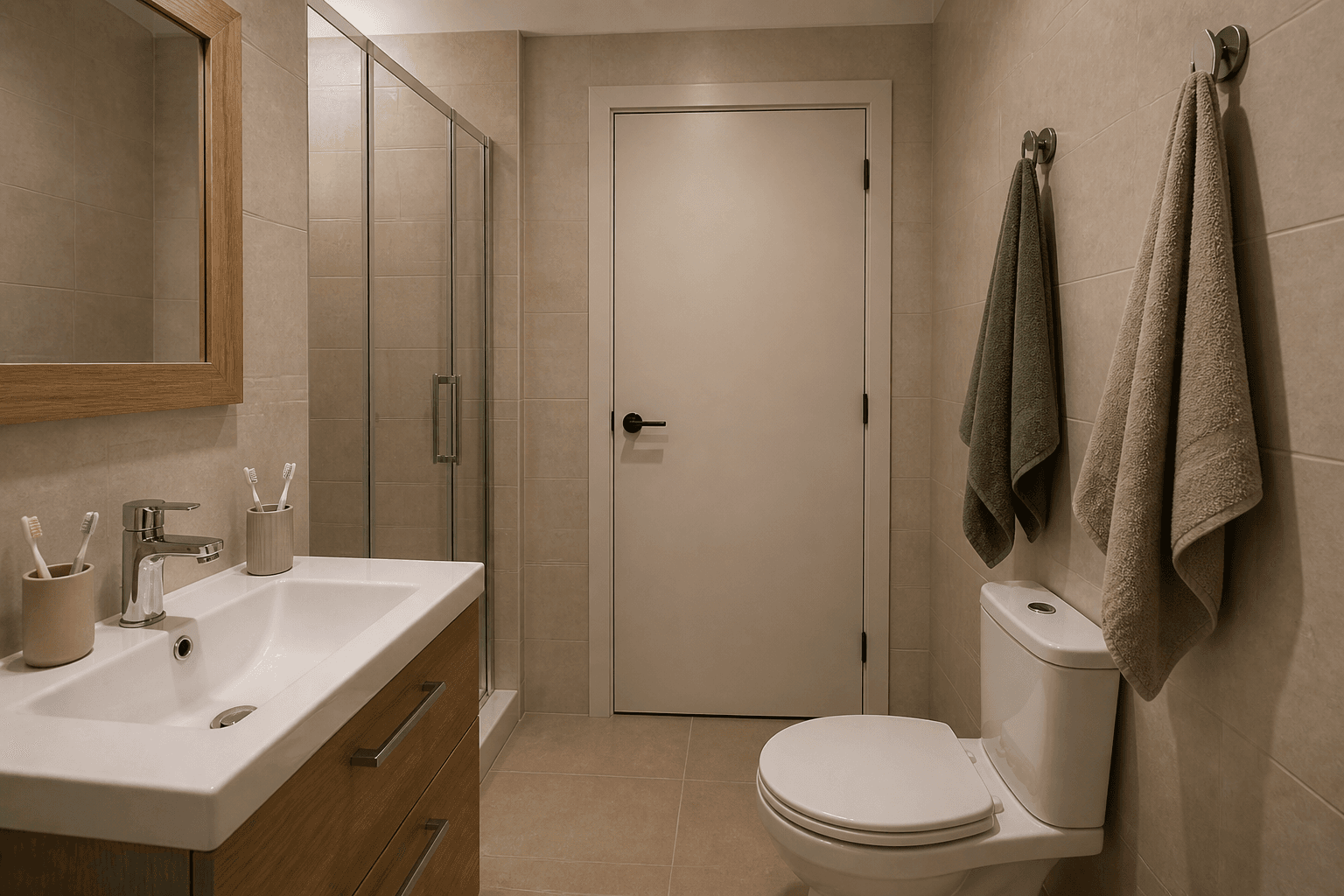 Small rental bathroom with two towel hooks, two cups, closed lid and door, feng shui shared bathroom