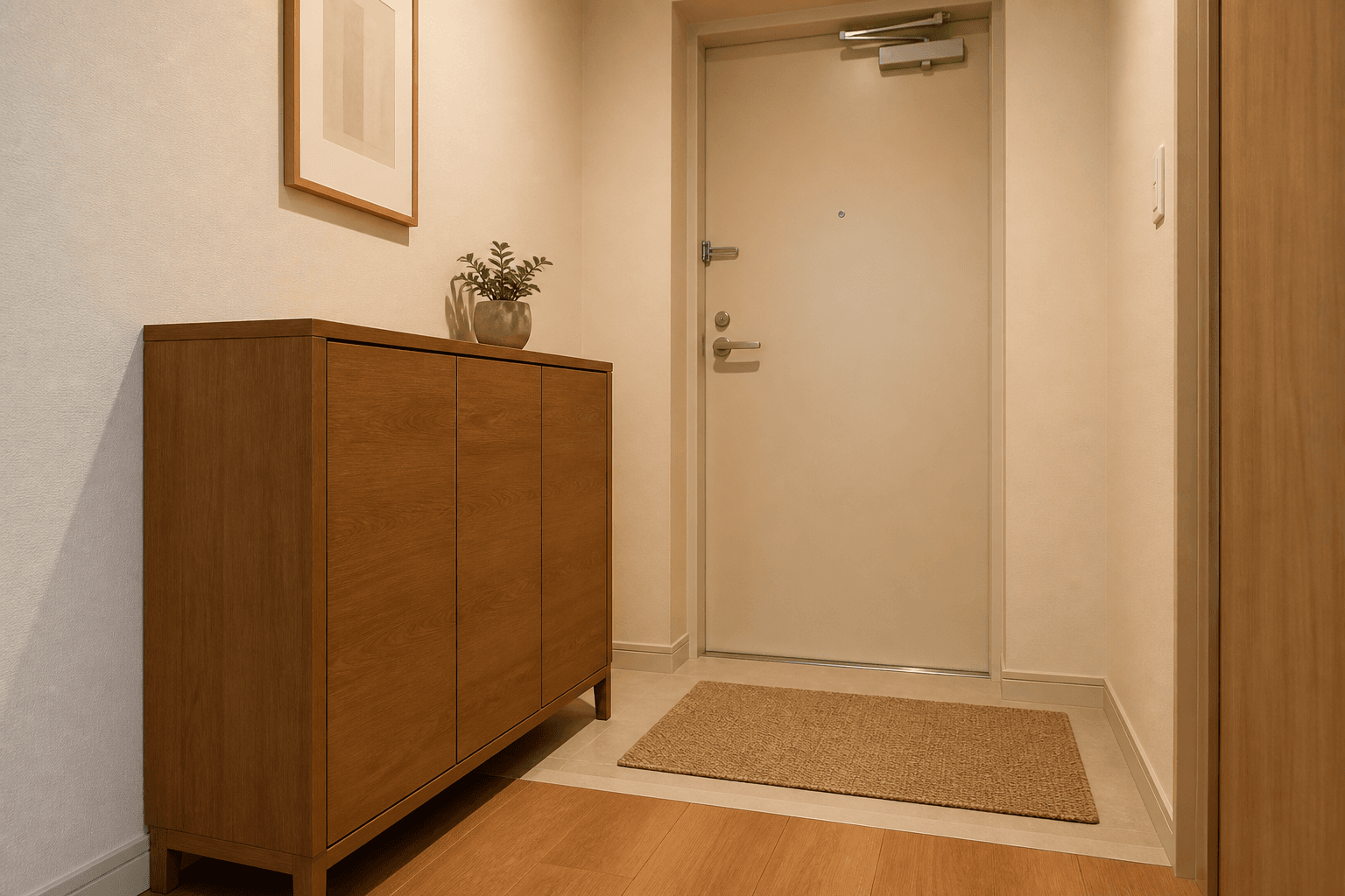 Closed light-wood shoe cabinet beside a cream apartment door, jute mat on tile, clear walk, feng shui shoe storage