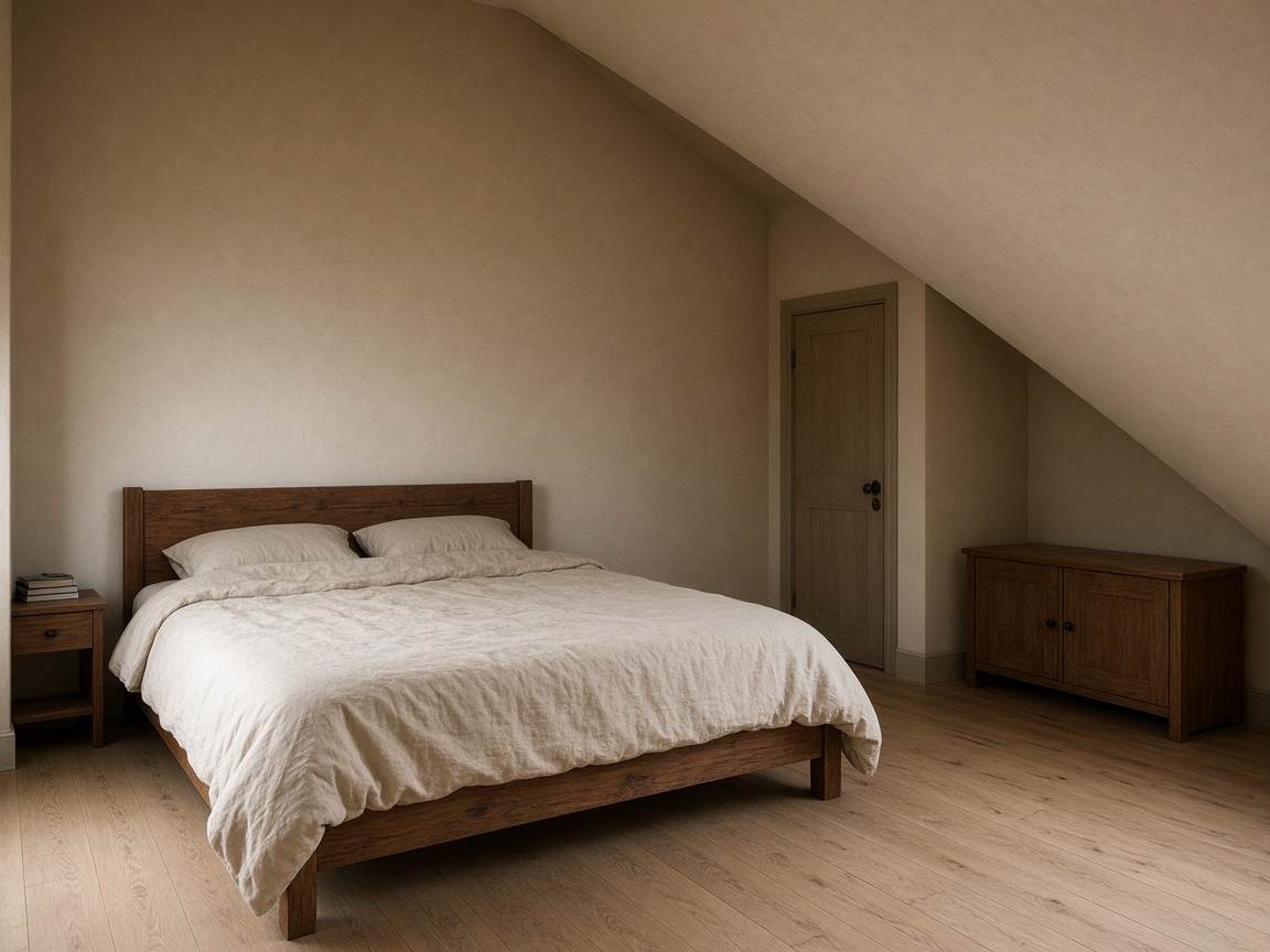 Wood bed against a tall plaster wall, slope dropping to a closed cabinet, bedroom door in view