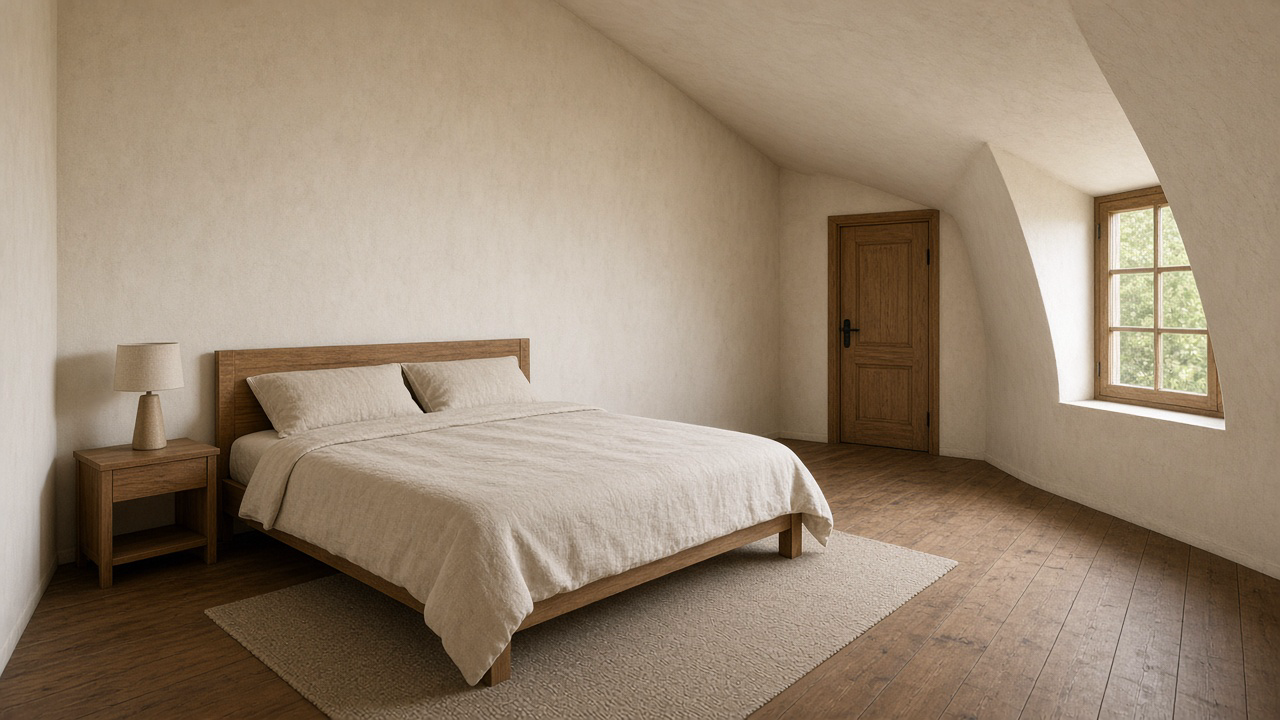 Cream attic bedroom, wood bed under the tall plaster wall, slope down to a dormer, feng shui sloped ceiling bedroom
