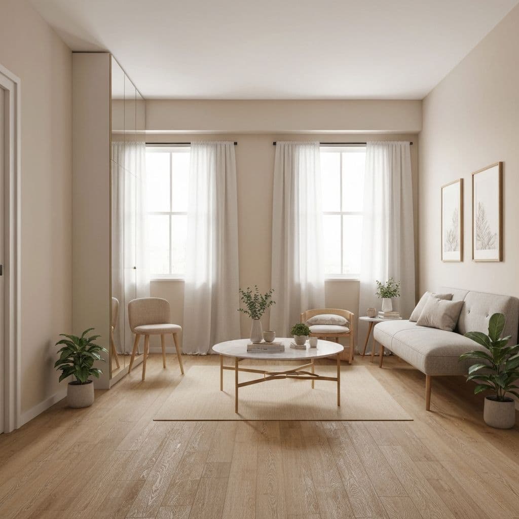 Studio with a bed behind a low shelf and a clear path from the door
