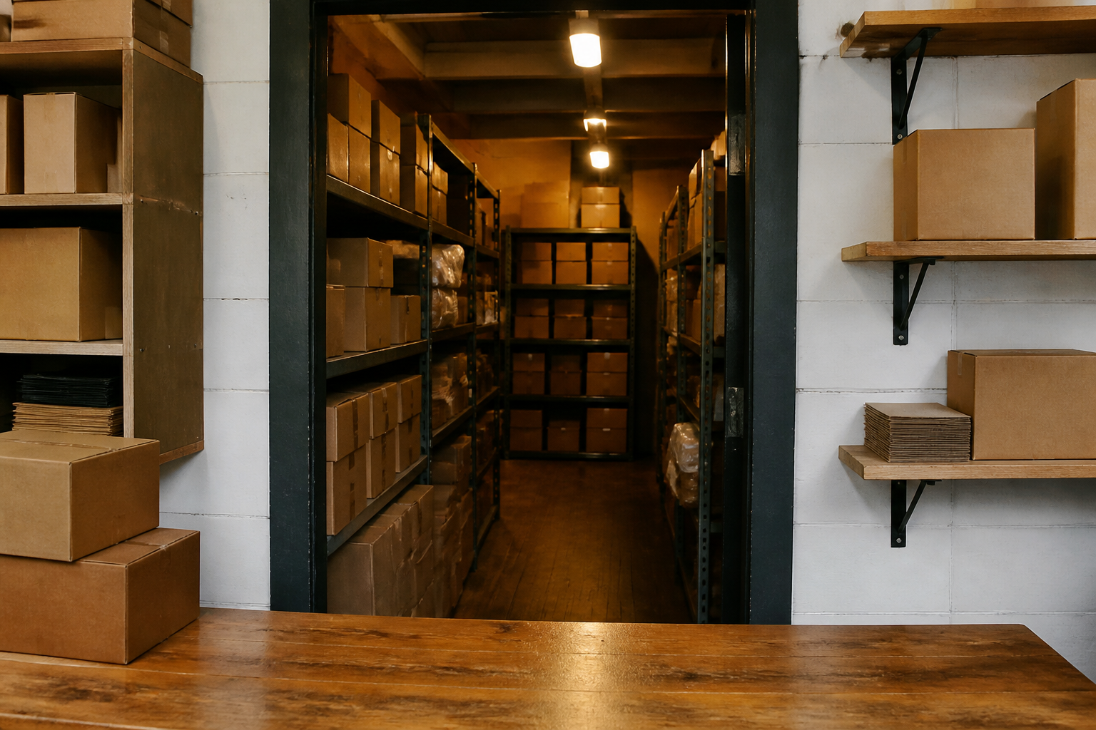 Cashier stool with a closed stockroom door and shelves behind, street glass visible to one side