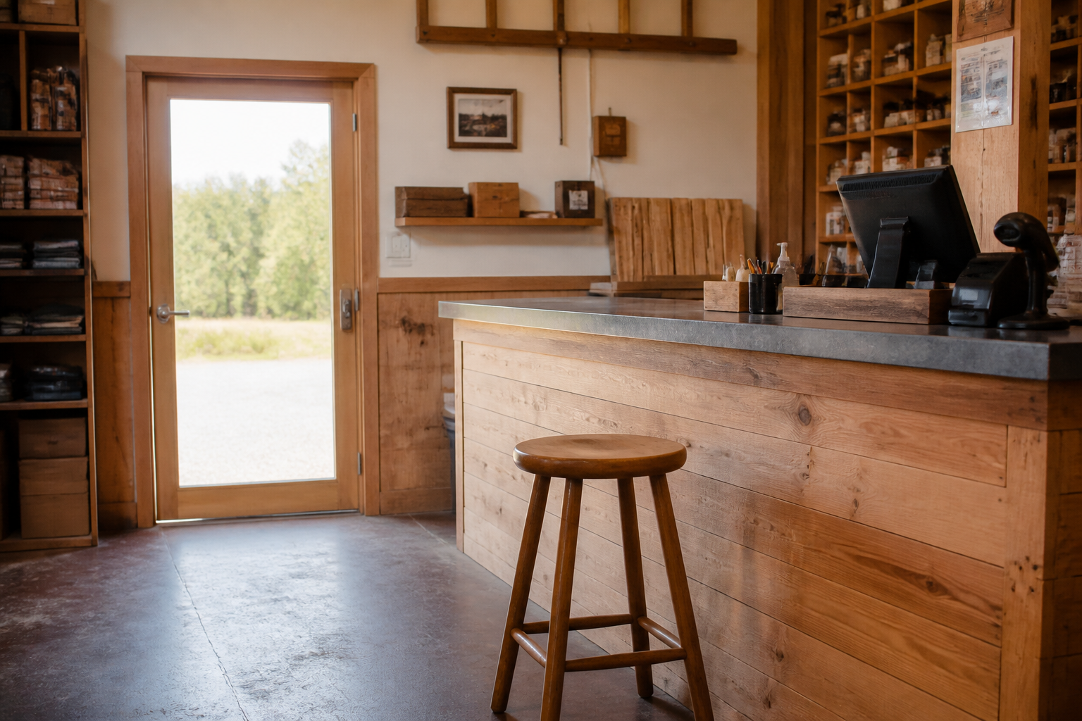 Wood shop till beside an open glass street door, lamp on, empty swing, stool angled toward the latch