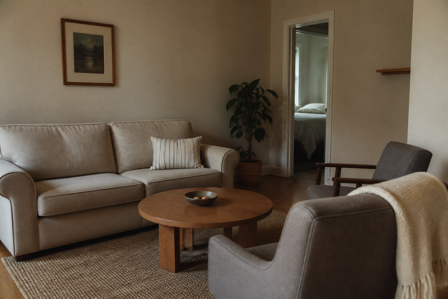 Beige sofa facing two chairs across a round wood coffee table in a rental living room