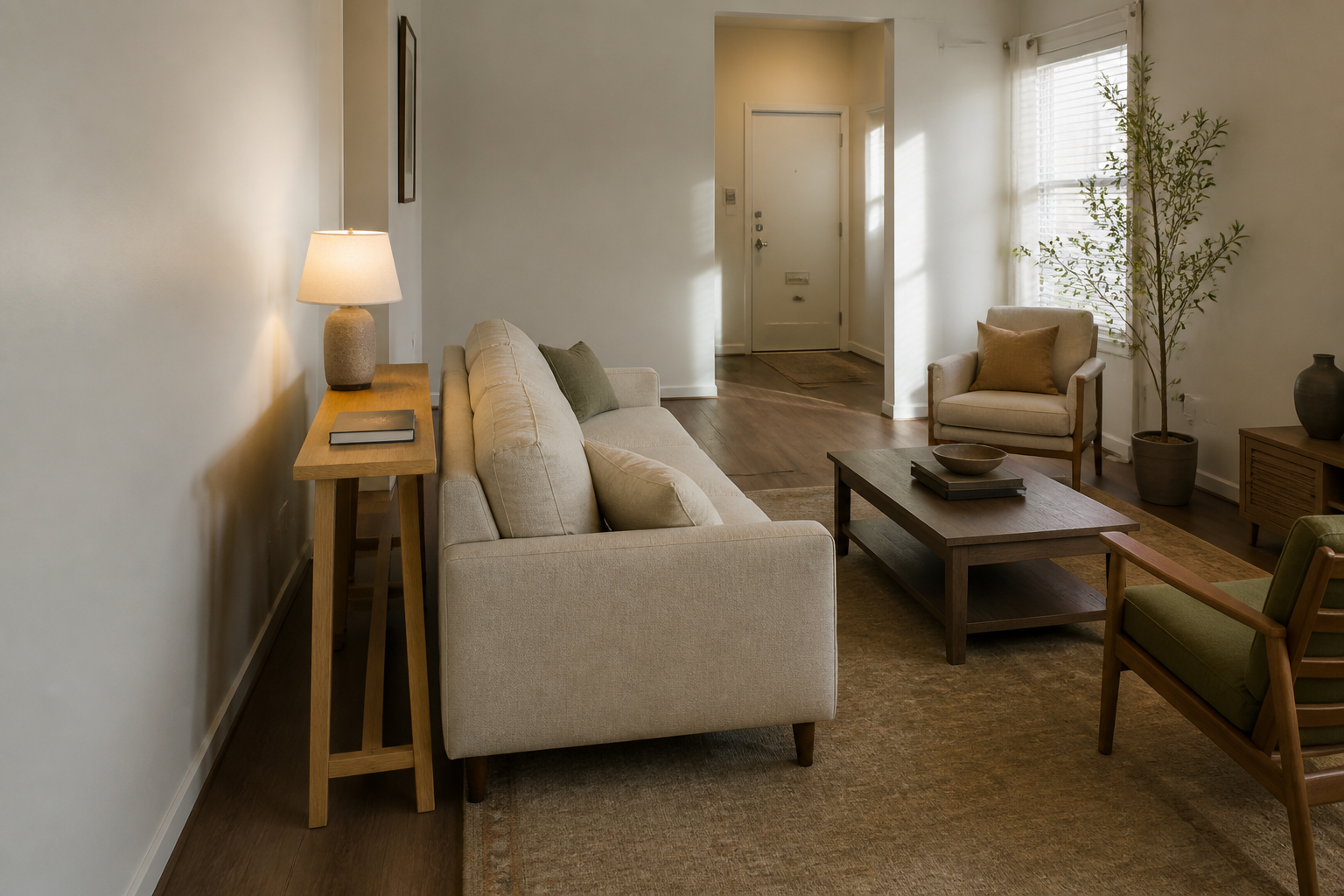 Beige sofa floated off the wall with a slim oak console and lamp behind it, walkway to the front door