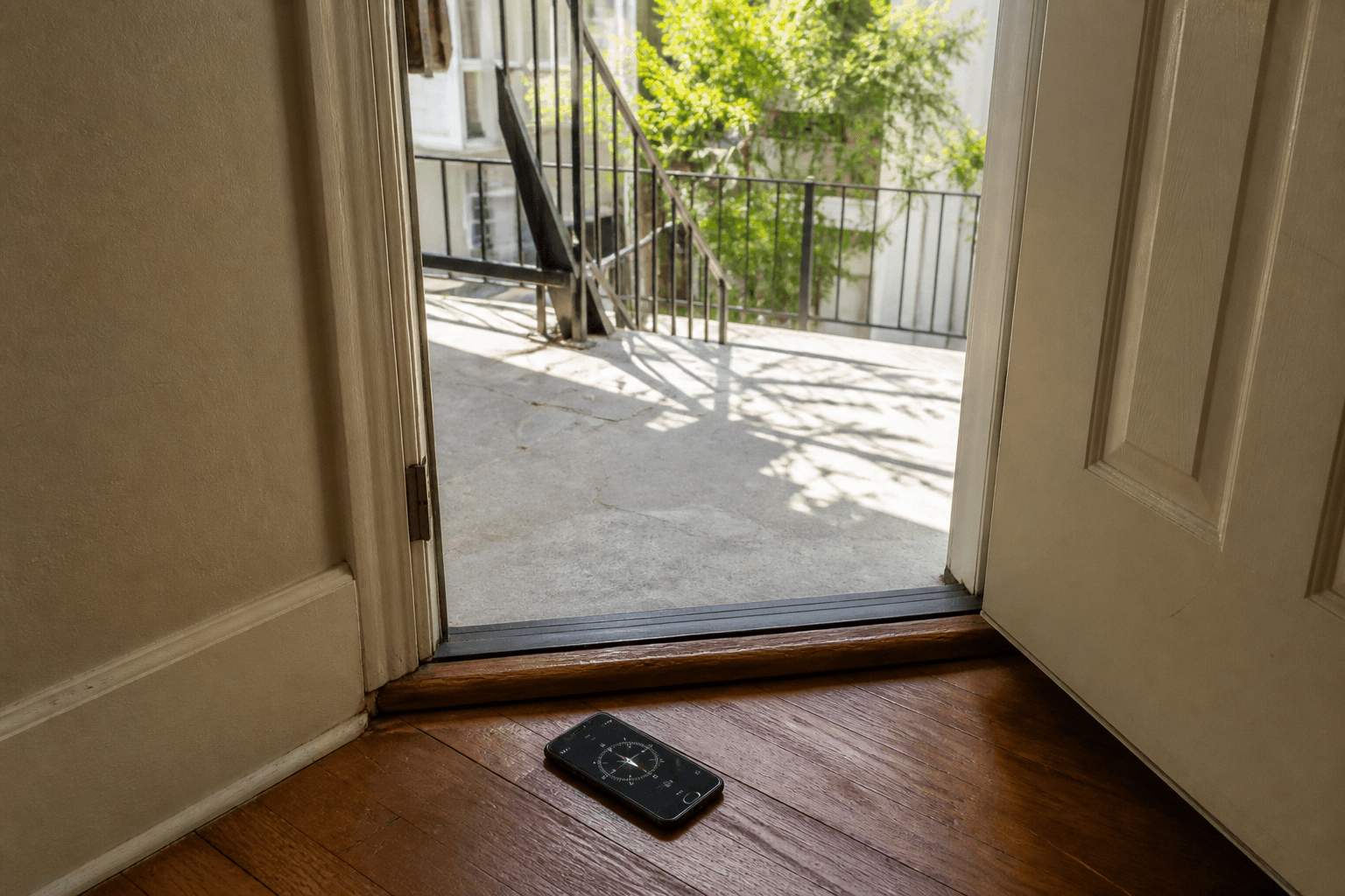 Looking out an open apartment door in midday sun with a phone compass on the wood threshold