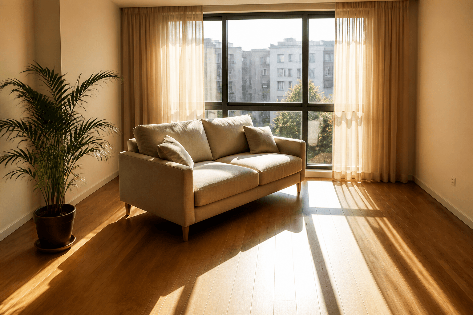 Midday sun through sheers on a beige sofa pulled off the glass in a rental, feng shui south-facing house