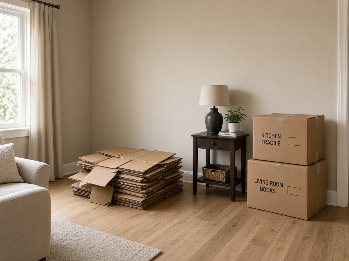 Flattened cardboard stacked on the floor beside two remaining labeled cartons, a lamp table, and a window