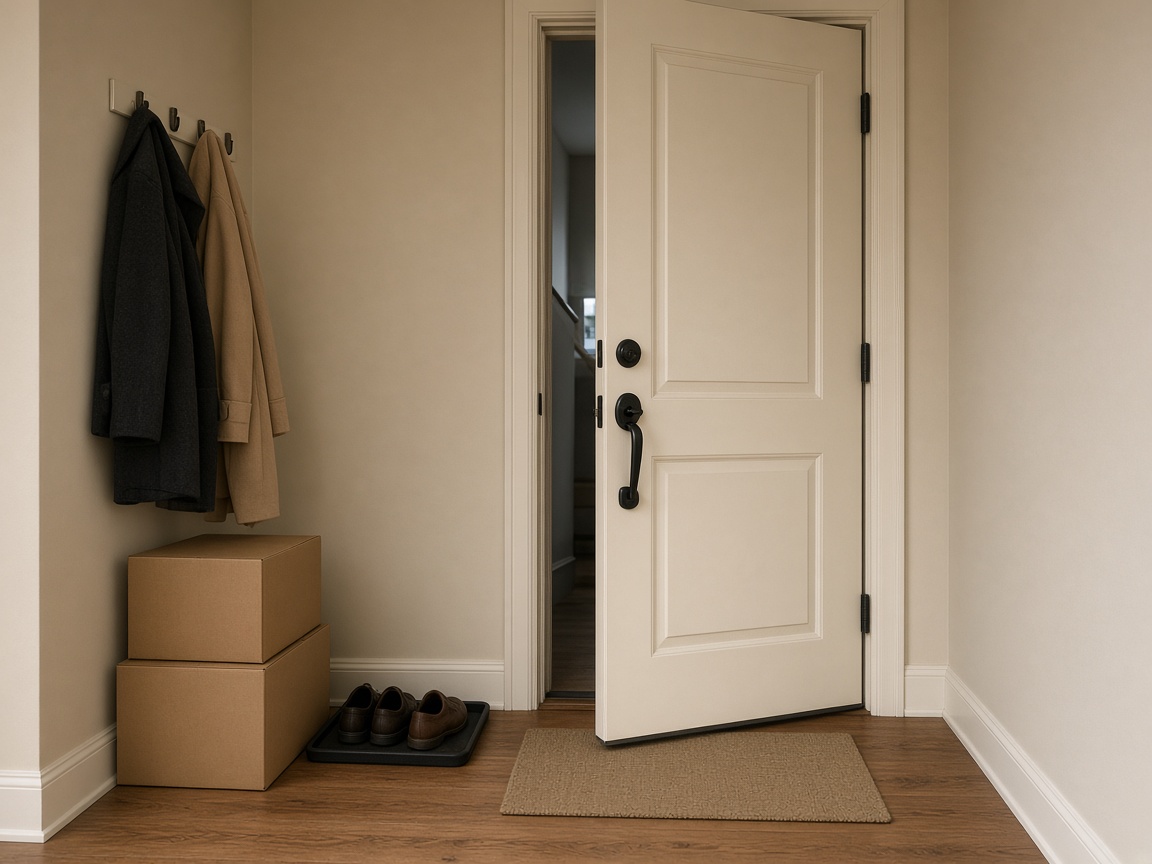 Cream front door fully open, coats on wall hooks, two cartons against the side wall, shoes on a tray, beige mat