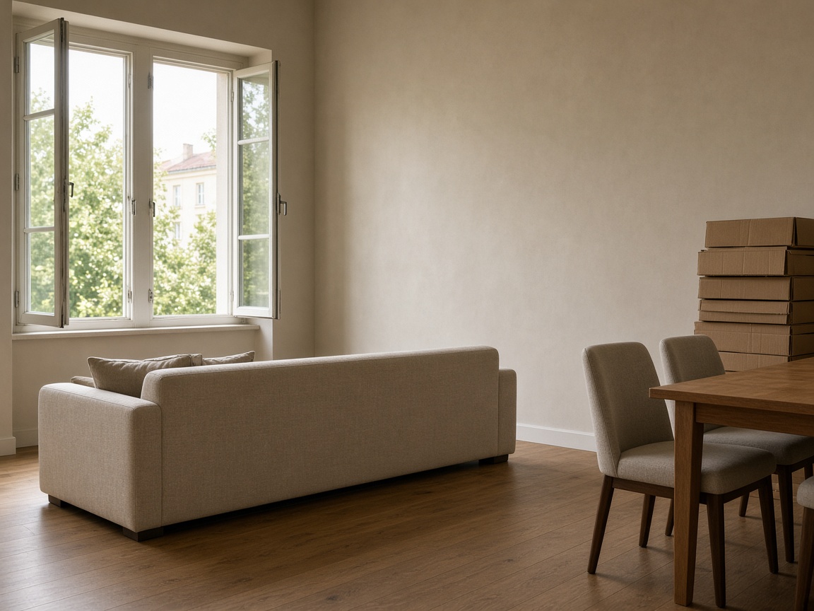 Beige sofa facing an open casement, dining chairs at a wood table, stacked cartons in the far corner