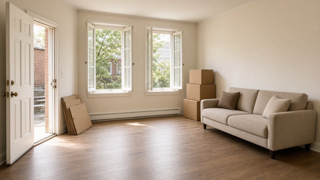 Open door, two open windows, flattened cardboard, remaining boxes by a beige sofa, feng shui space clearing after a move