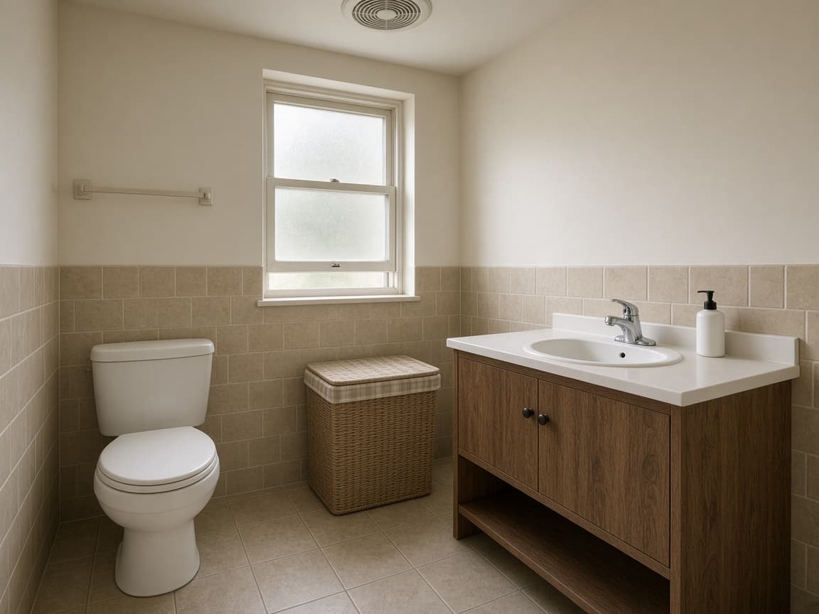 Small rental bathroom with the toilet lid closed, a lidded hamper, and an empty sink