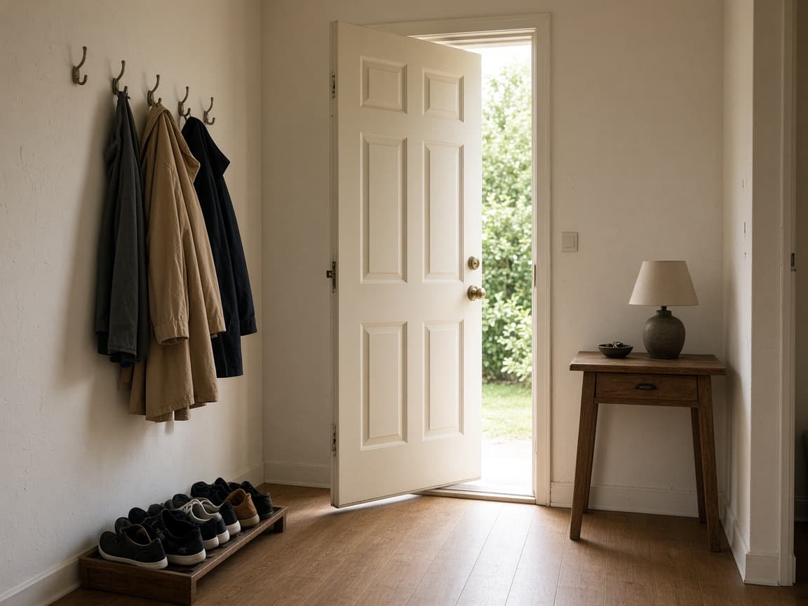 Cream front door open with a clear swing, coats on wall hooks, and extra shoes in a low tray
