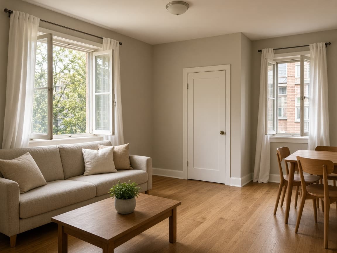 Beige rental living room with two casement windows open, dining chairs parked at the table, and a clear walk to a white door