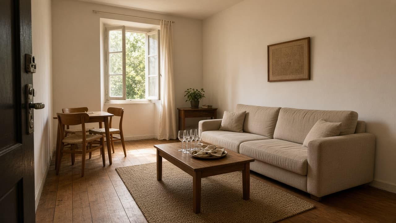Living room after guests with extra chairs, glasses on a tray, and an open window, feng shui space clearing after guests