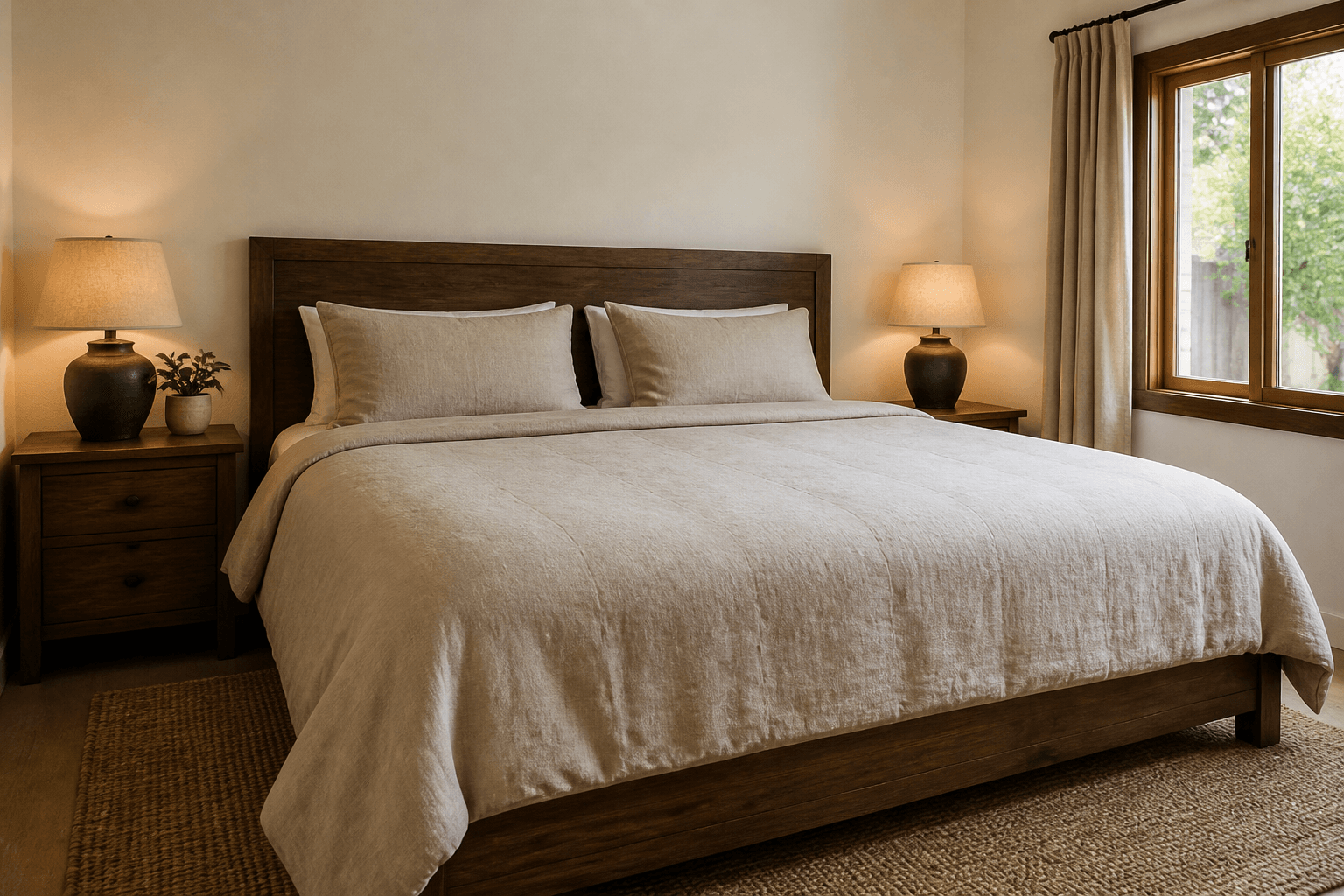 King frame with two mattresses under one oatmeal duvet and matching nightstands, feng shui split king beds