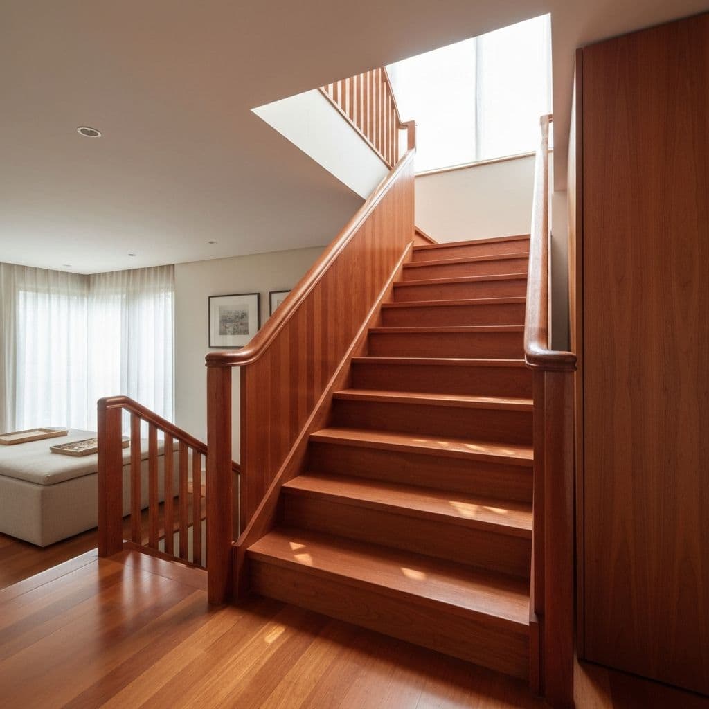 Lit wooden staircase with a clear run and a round rug at the landing