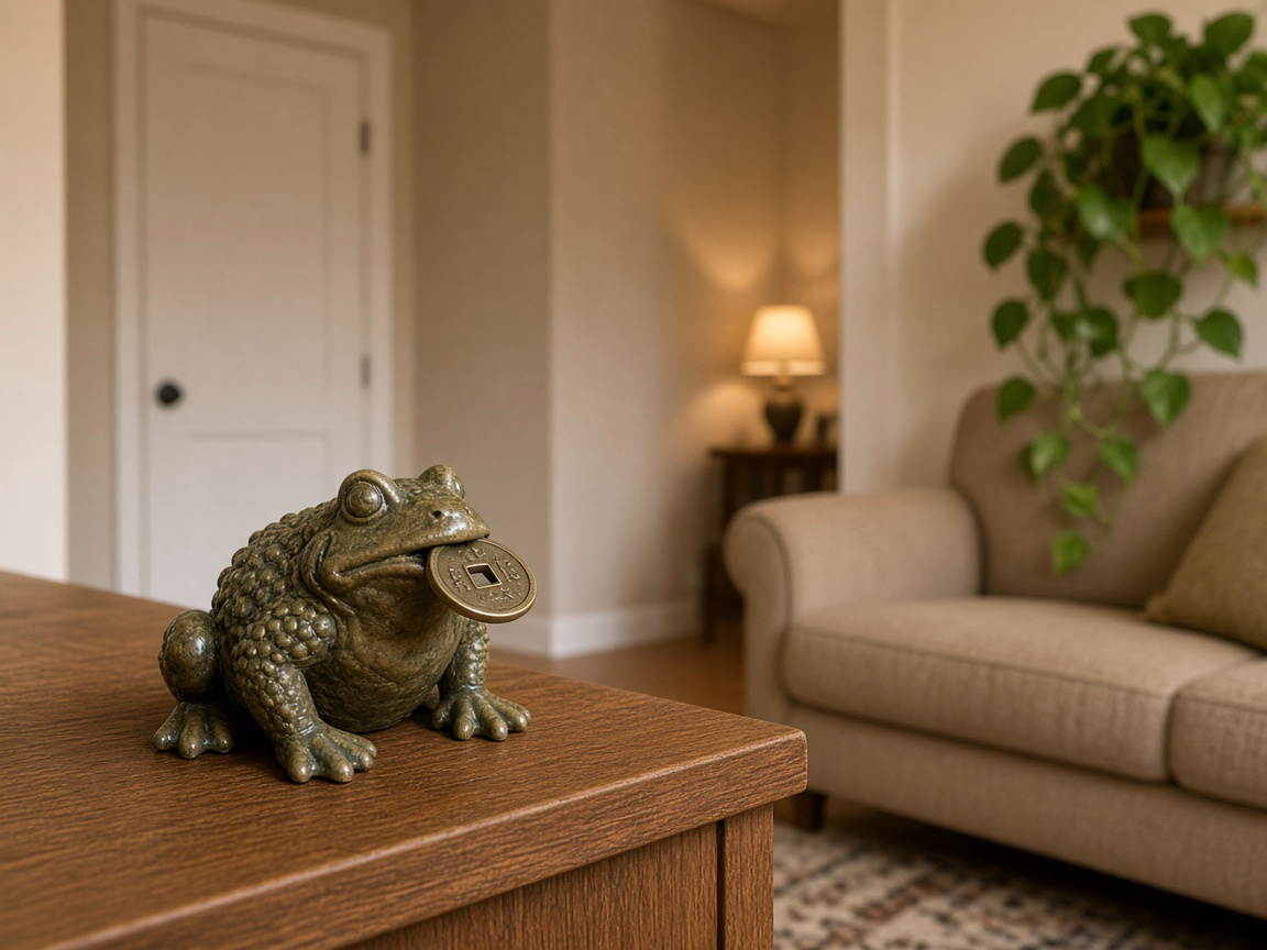Bronze toad figurine with a coin in its mouth on a wood cabinet facing a beige sofa and a closed interior door
