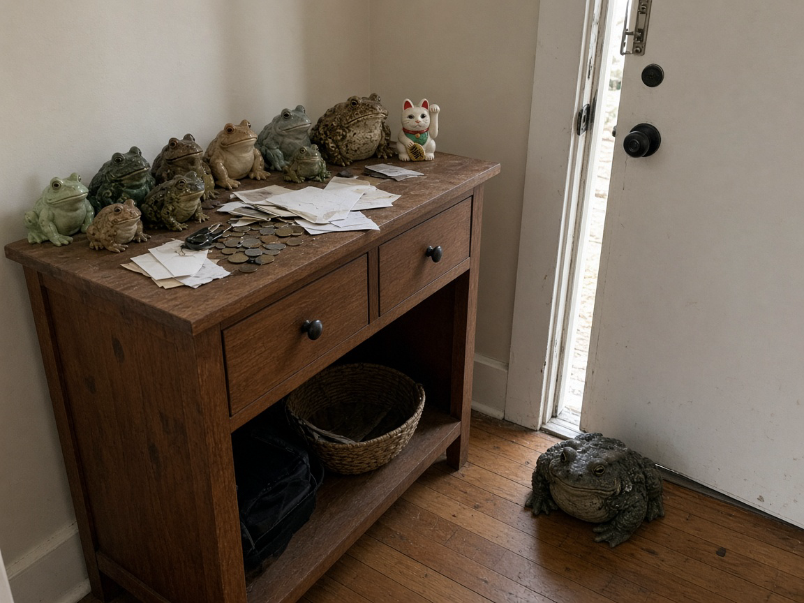 Crowded entry console of dusty ceramic frogs, mail, and coins, with a toad sitting on the floor by the door