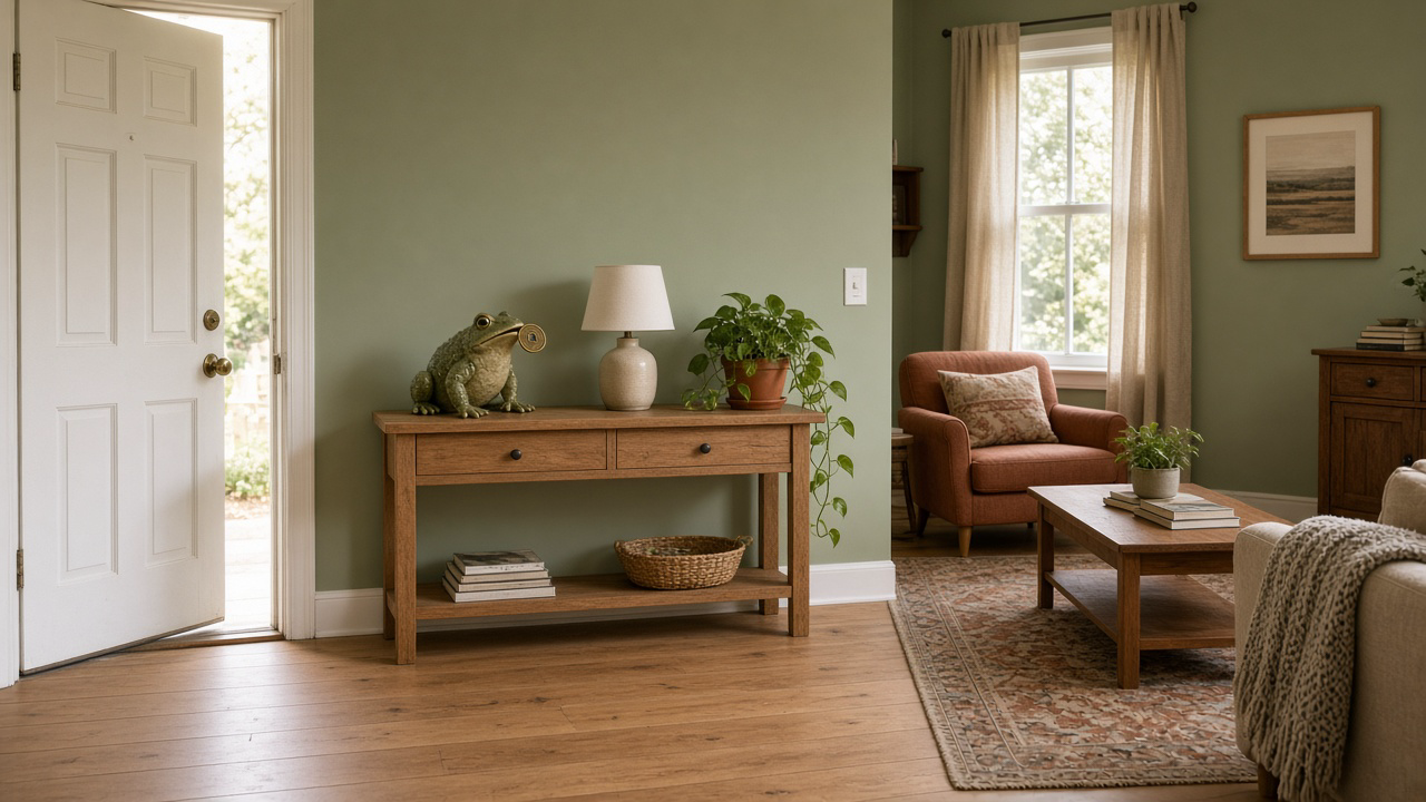 Green ceramic toad with a coin on a wood entry console in a sage rental living room, feng shui three-legged toad