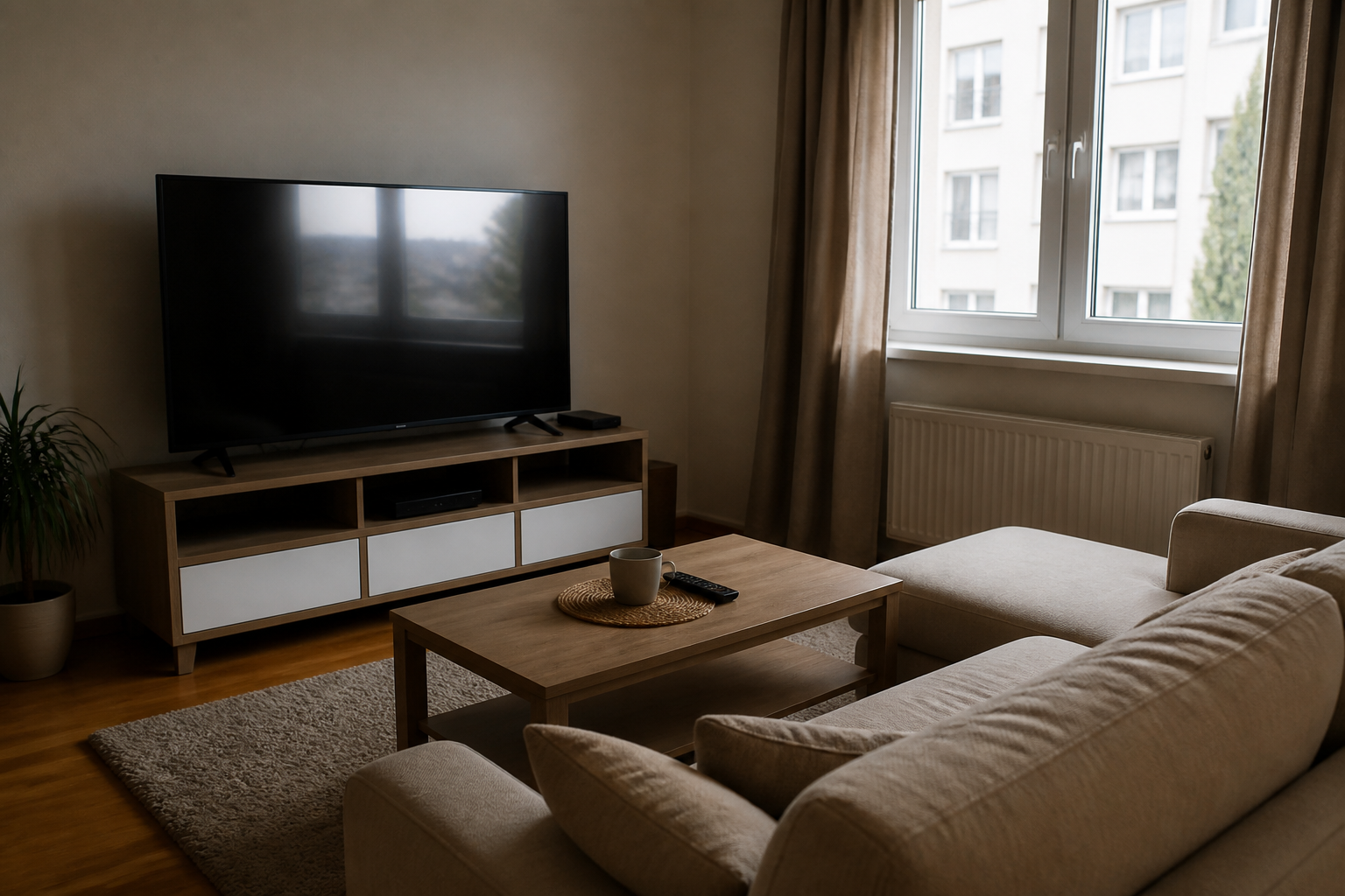 Dark TV screen catching a bright window reflection in a beige living room