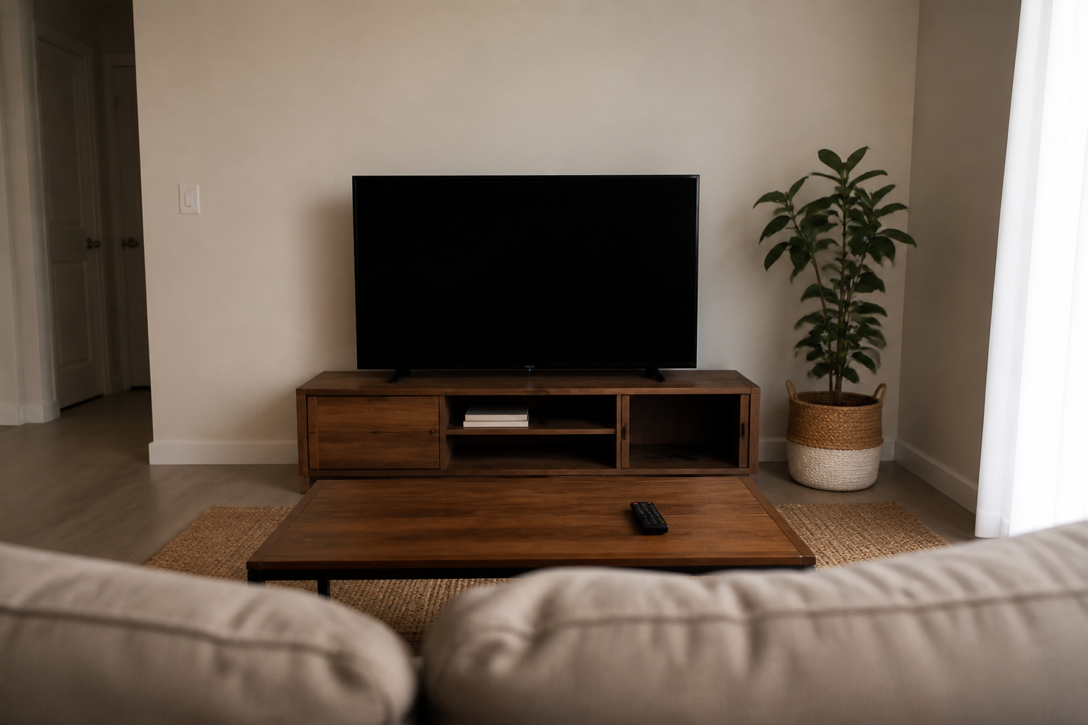 Living room television on a low wood console at seated eye level across from a beige sofa