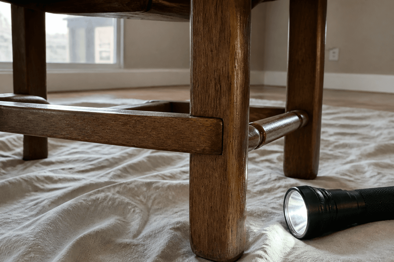 Close look at a wood chair joint with a flashlight on a drop cloth