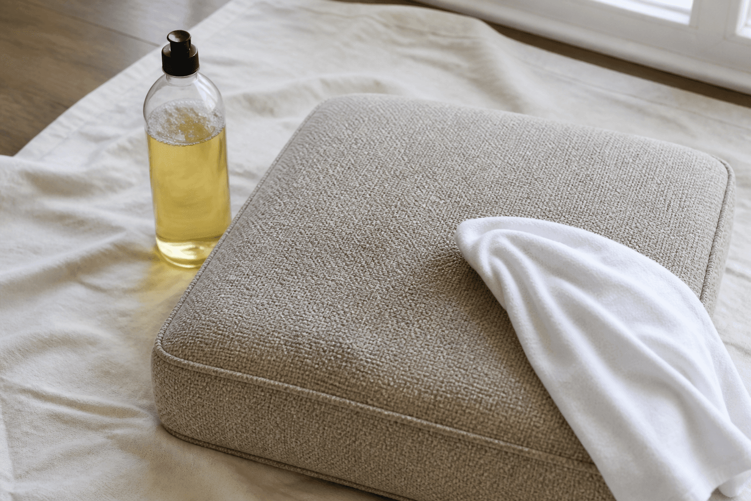 Upholstered seat cushion being wiped with a clean cloth on a drop cloth