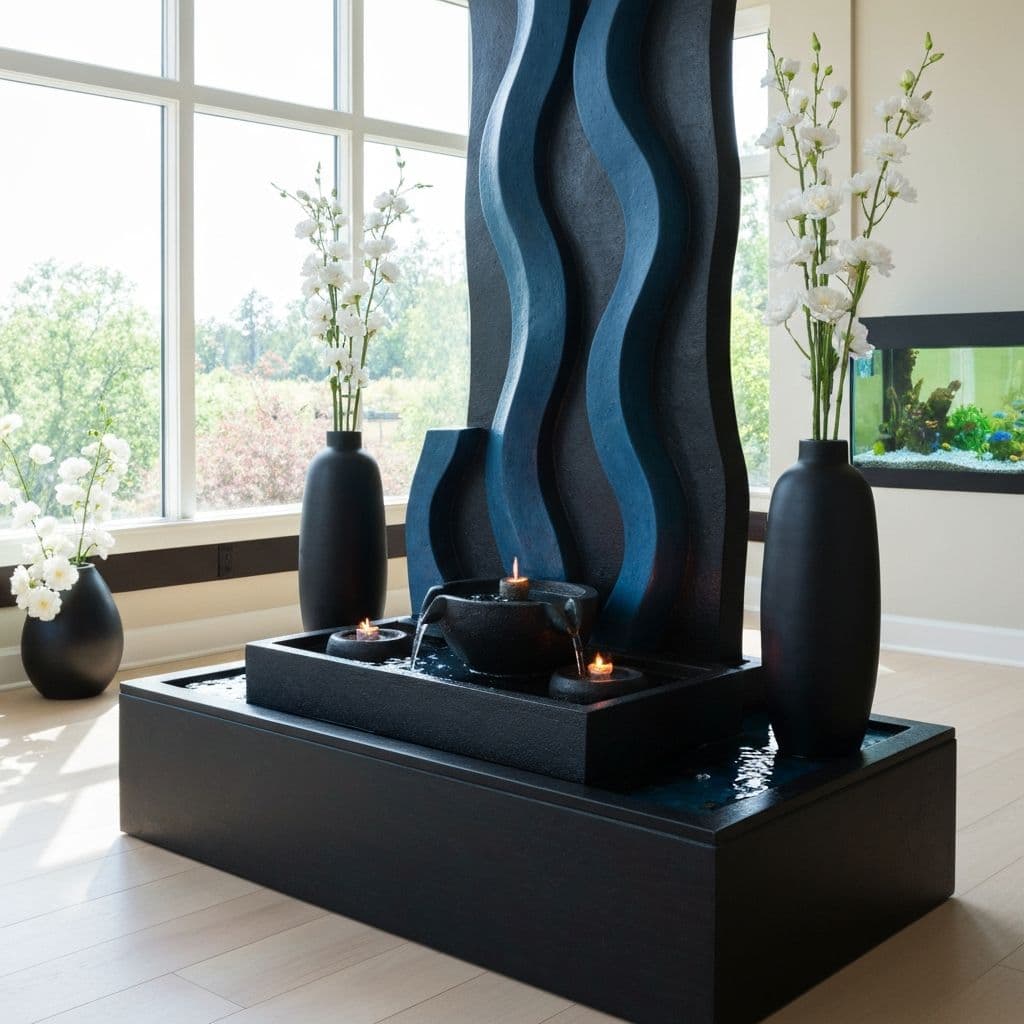 Small tabletop fountain on a living-room cabinet, not in a bedroom