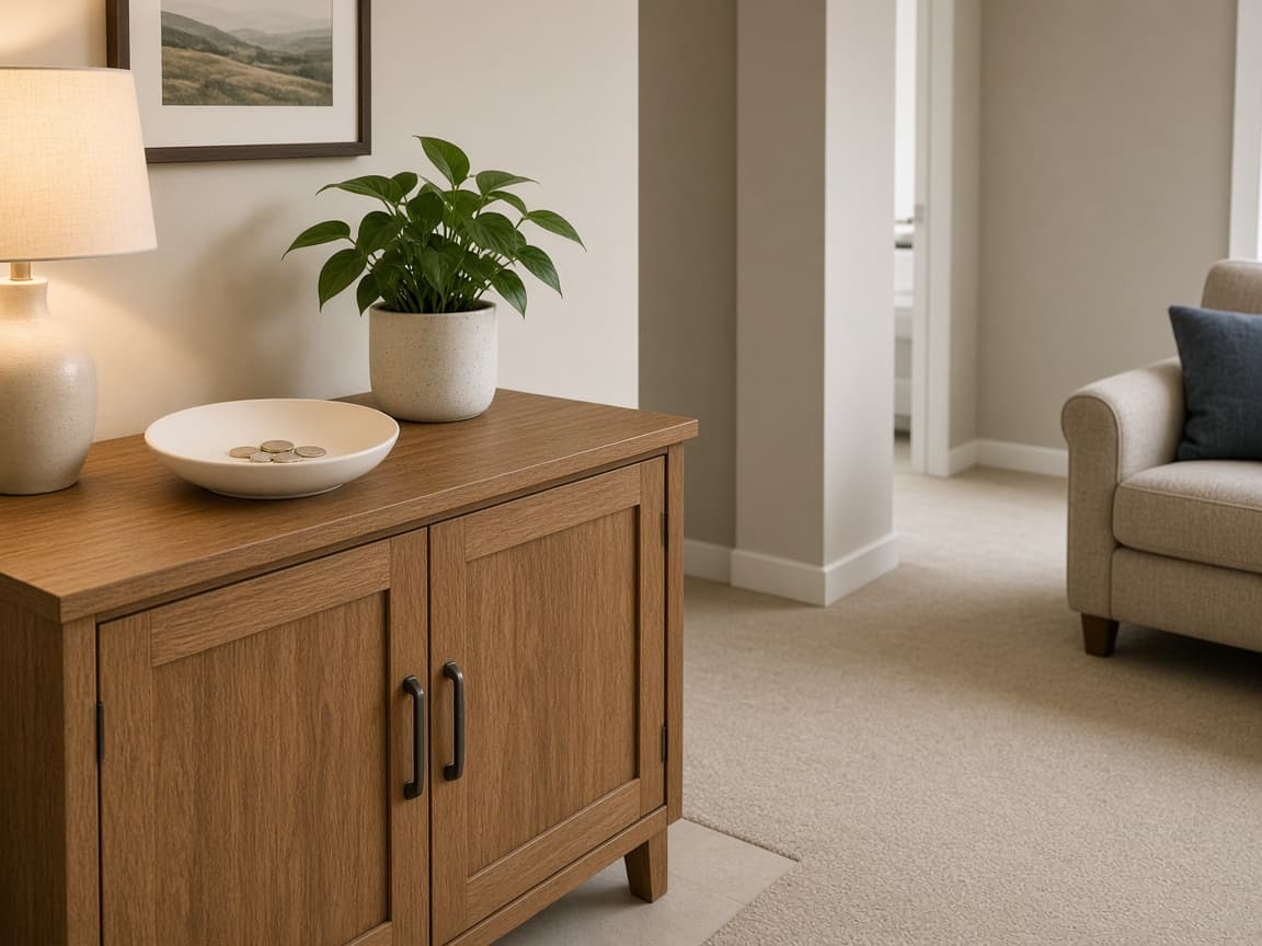 Clean ceramic dish with a few coins on a wood cabinet, lamp and plant, open walk to a chair