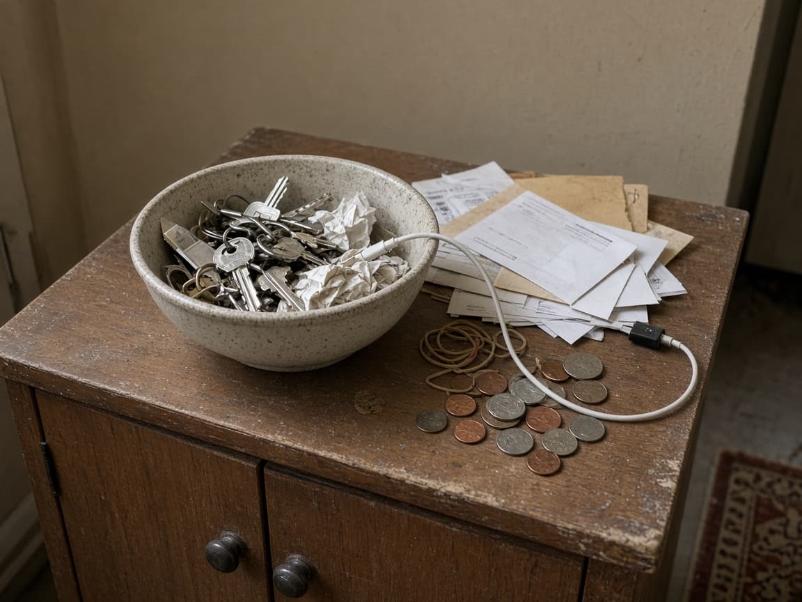 Speckled bowl of keys and crumpled paper on a worn cabinet, charger cable and loose coins on the top
