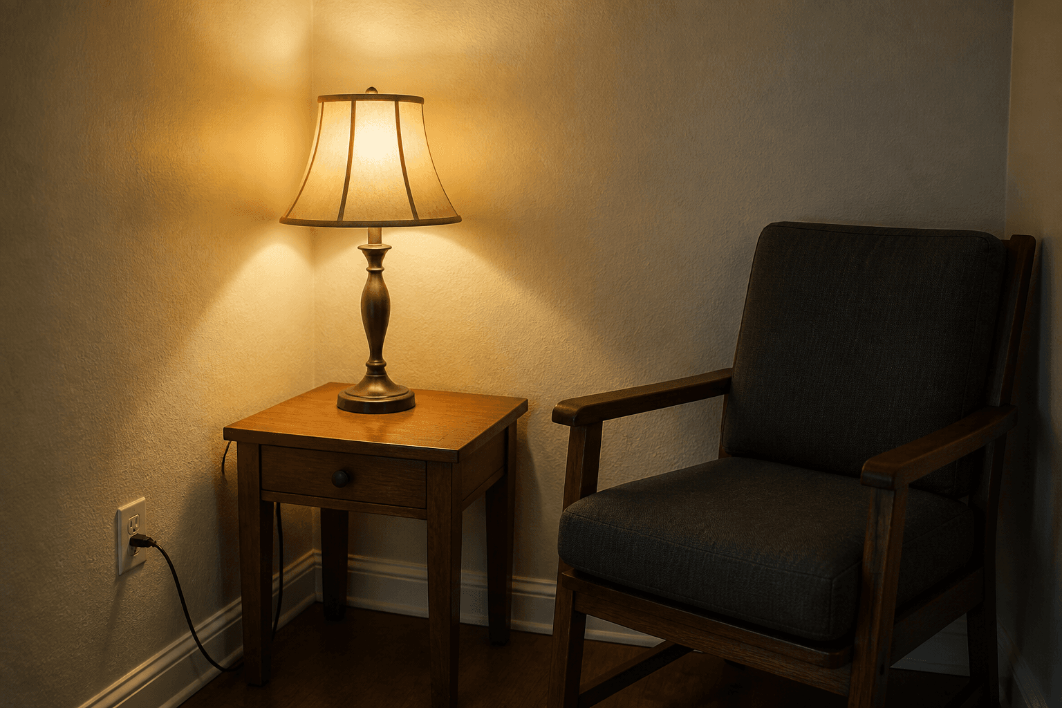 Plug-in lamp on a small wood table beside a backed chair, warm shade lit