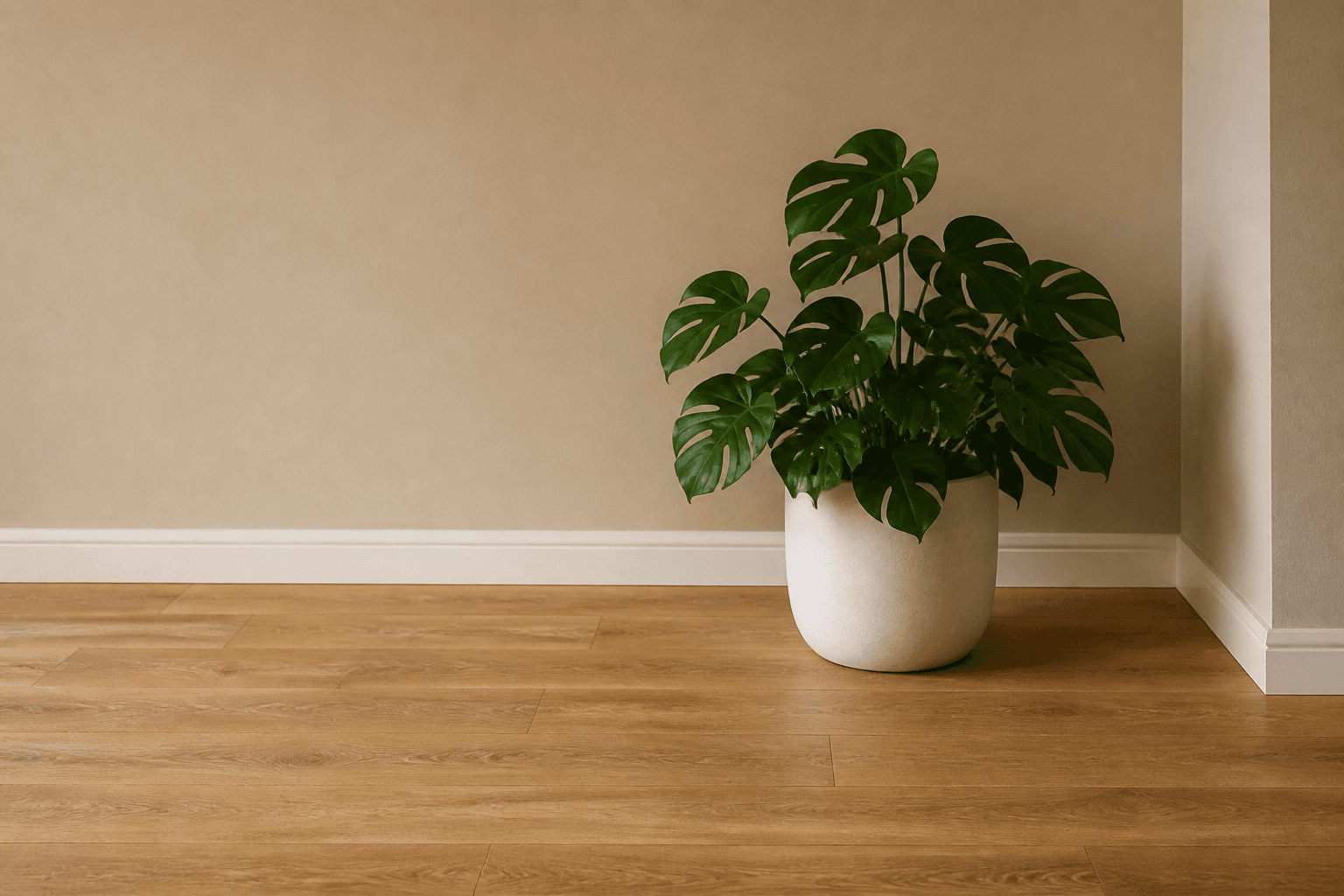 Leafy plant in a simple ceramic pot on a wood floor, off a clear walk